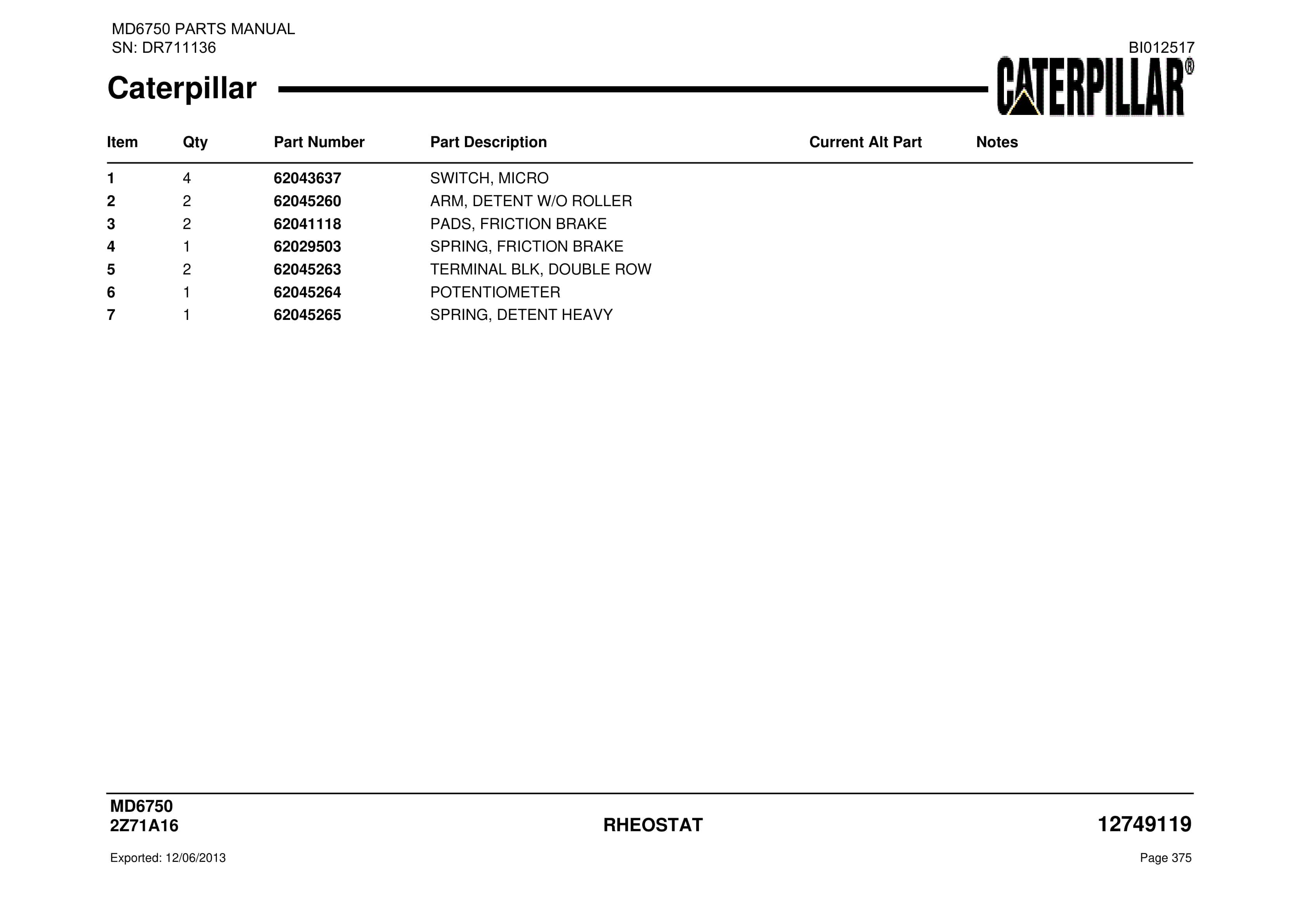 Caterpillar MD6750 Blast Hole Drill Parts Manual BI012517-2