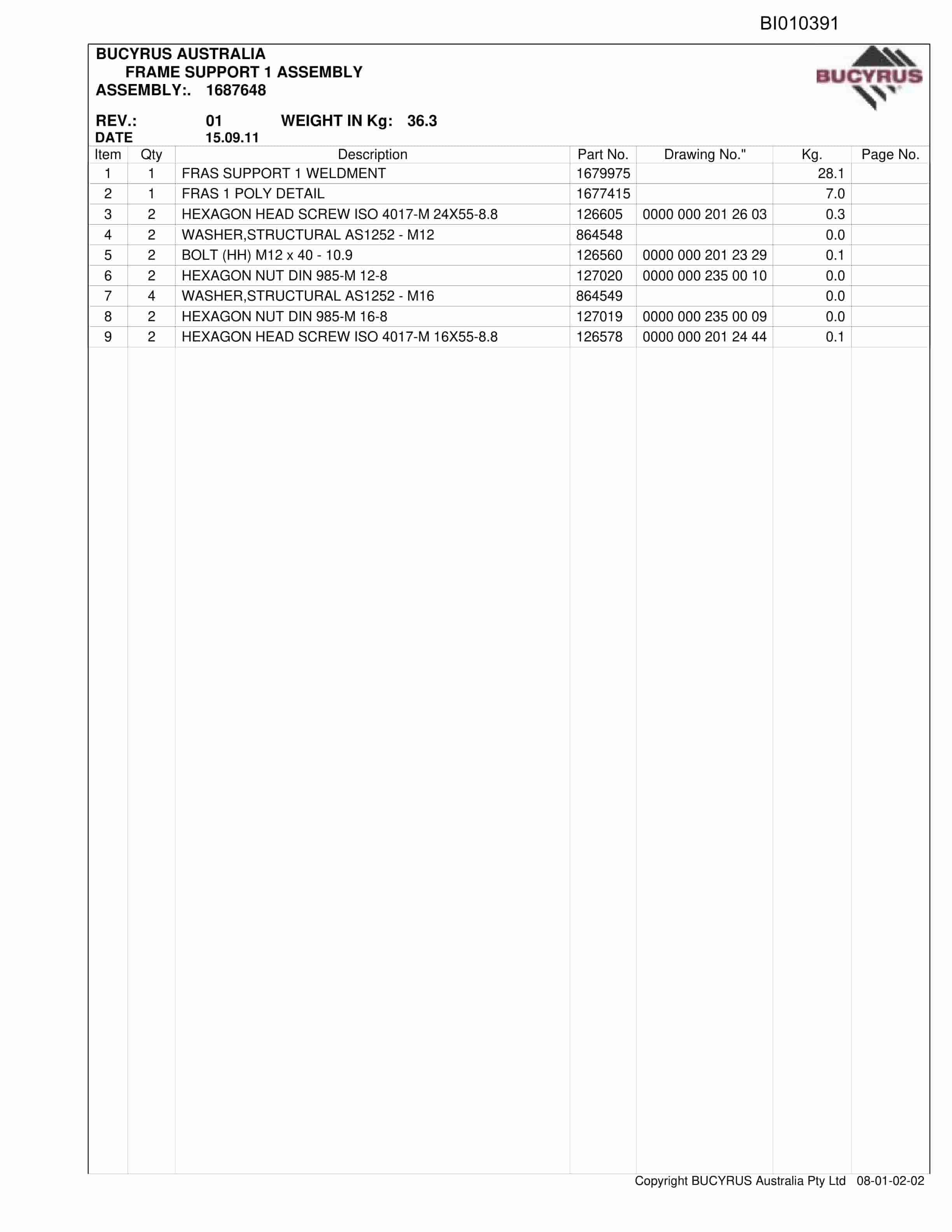 Caterpillar Narrabri Roof Supports Parts Manual BI010391-2