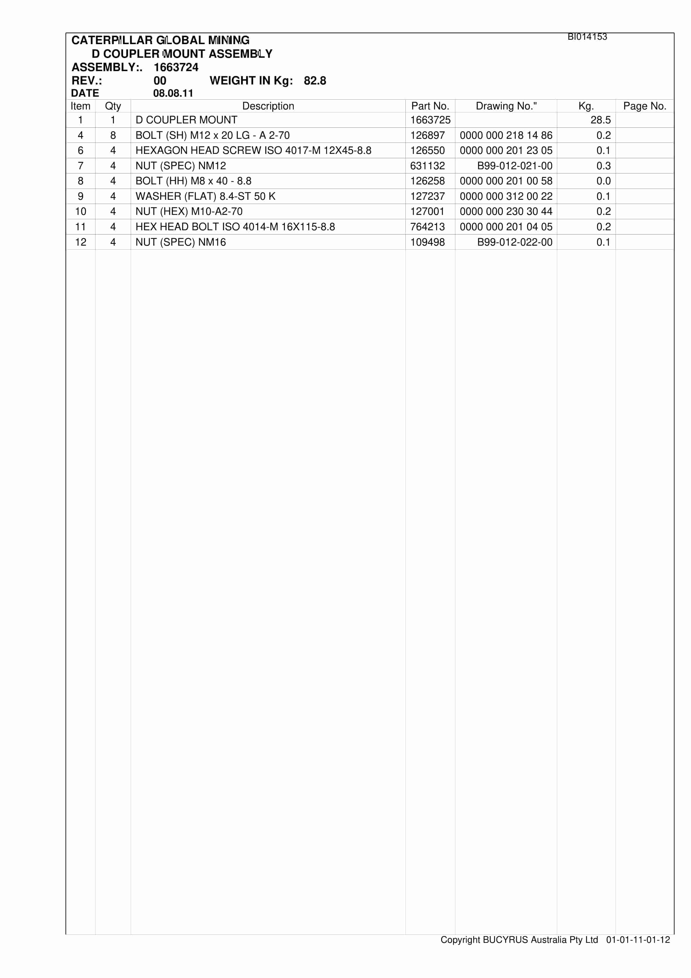 Caterpillar Newlands AFC Set 1 Parts Manual BI014153-2