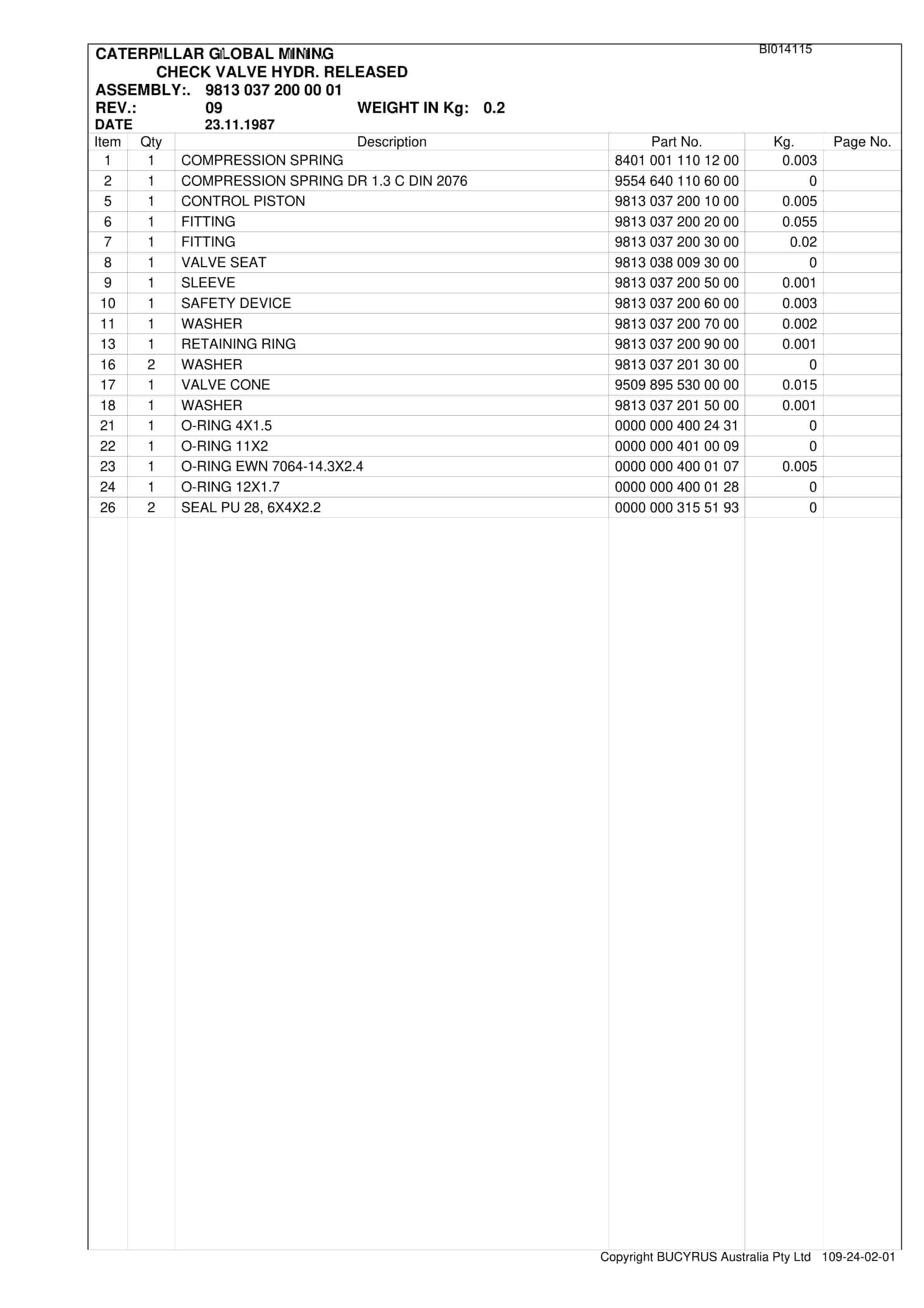 Caterpillar Oaky North Mid Seam Retrofit 2012 Parts Manual BI014115-2