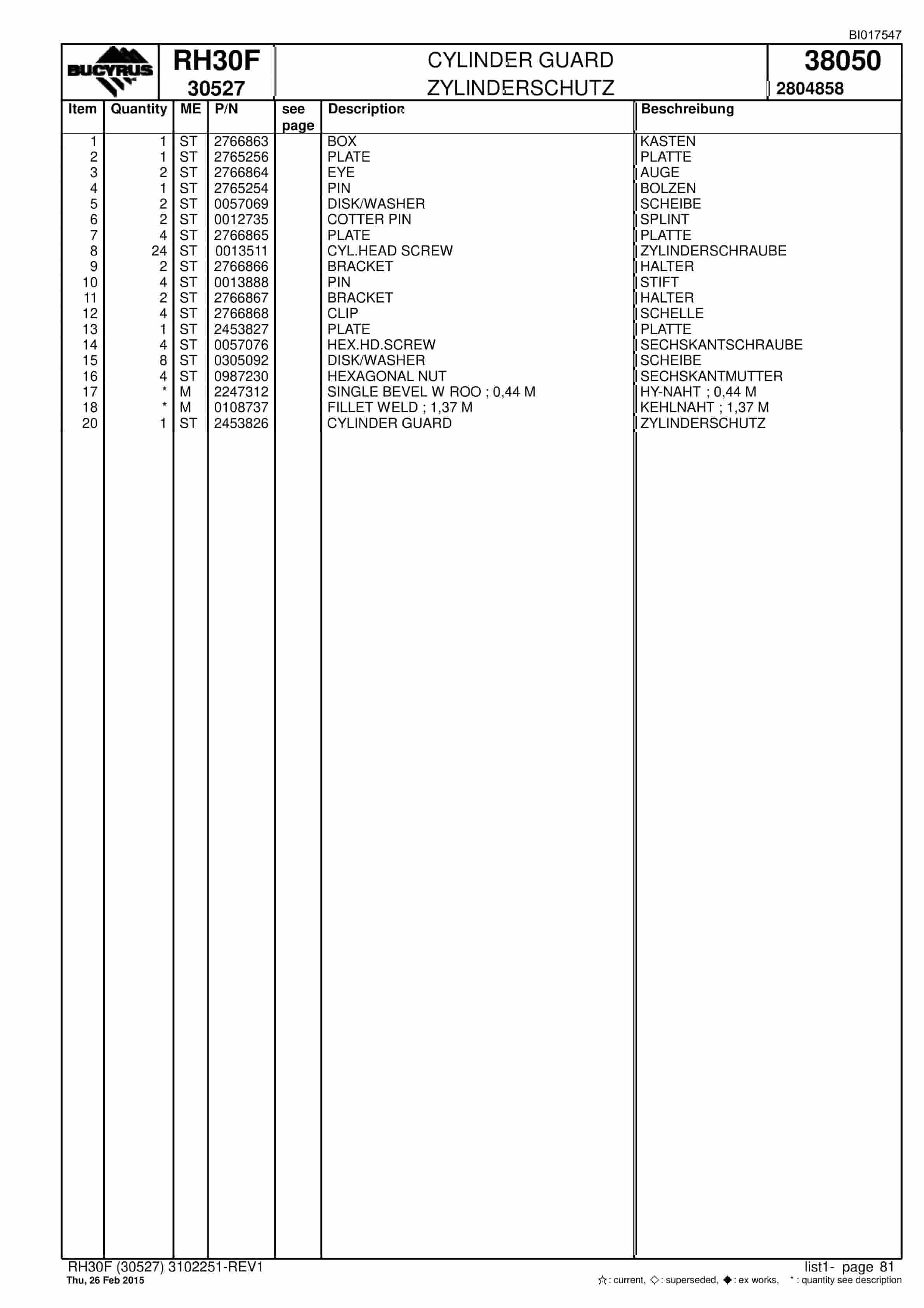 Caterpillar RH30F Hydraulic Shovel Spare Parts Manual BI017547-3