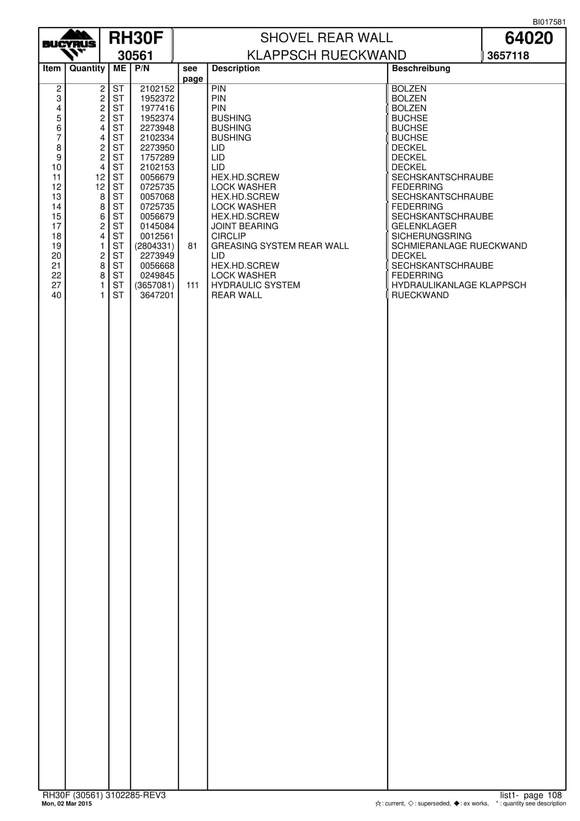 Caterpillar RH30F Hydraulic Shovel Spare Parts Manual BI017581-4