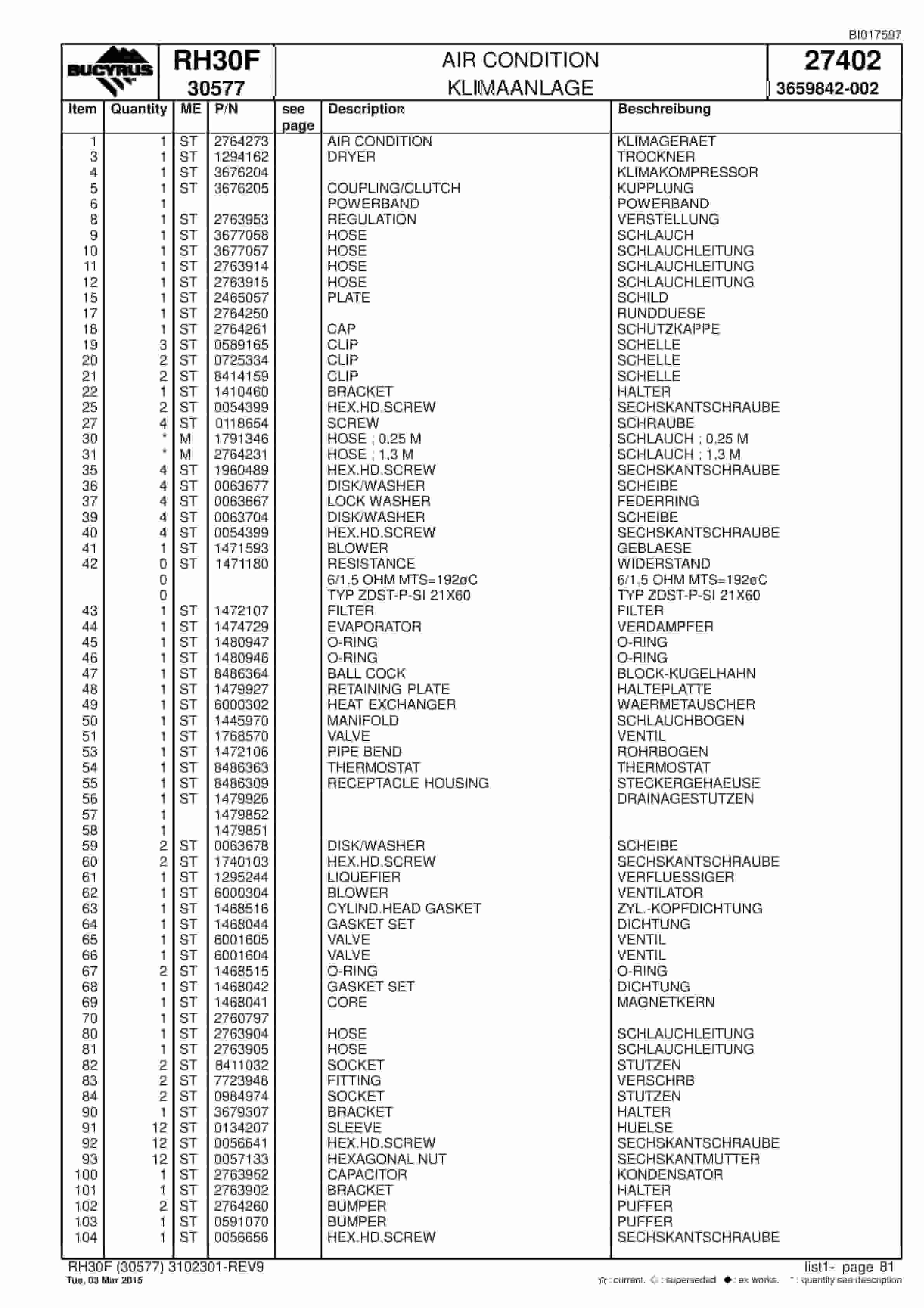 Caterpillar RH30F Hydraulic Shovel Spare Parts Manual BI017597-2