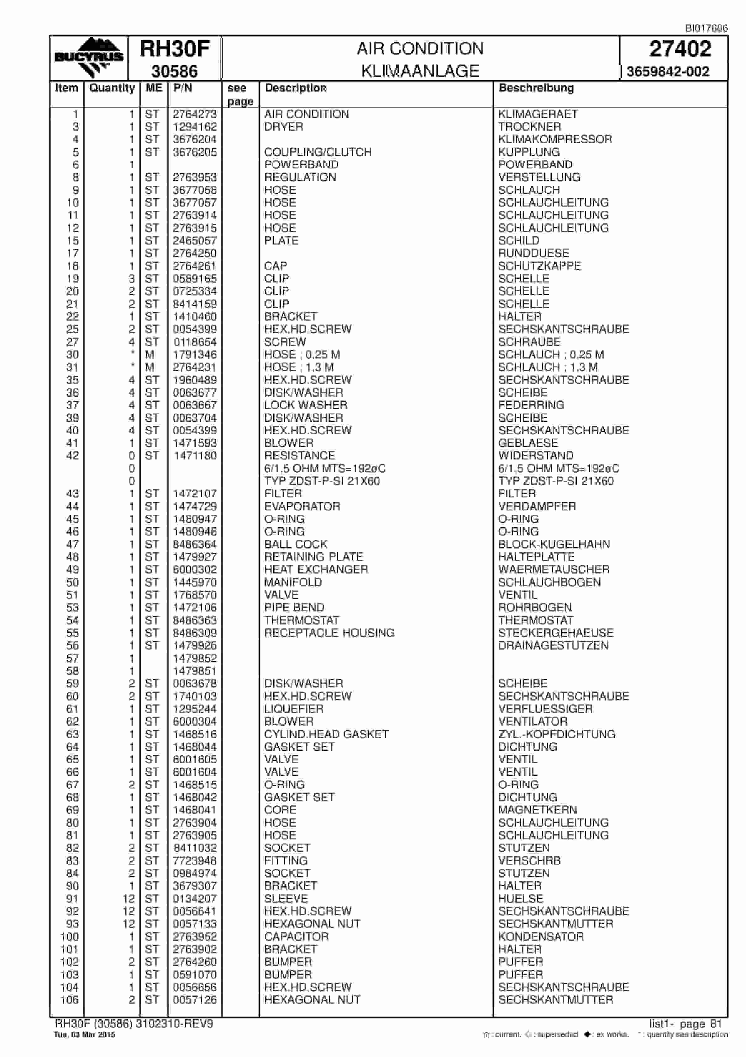 Caterpillar RH30F Hydraulic Shovel Spare Parts Manual BI017606-2
