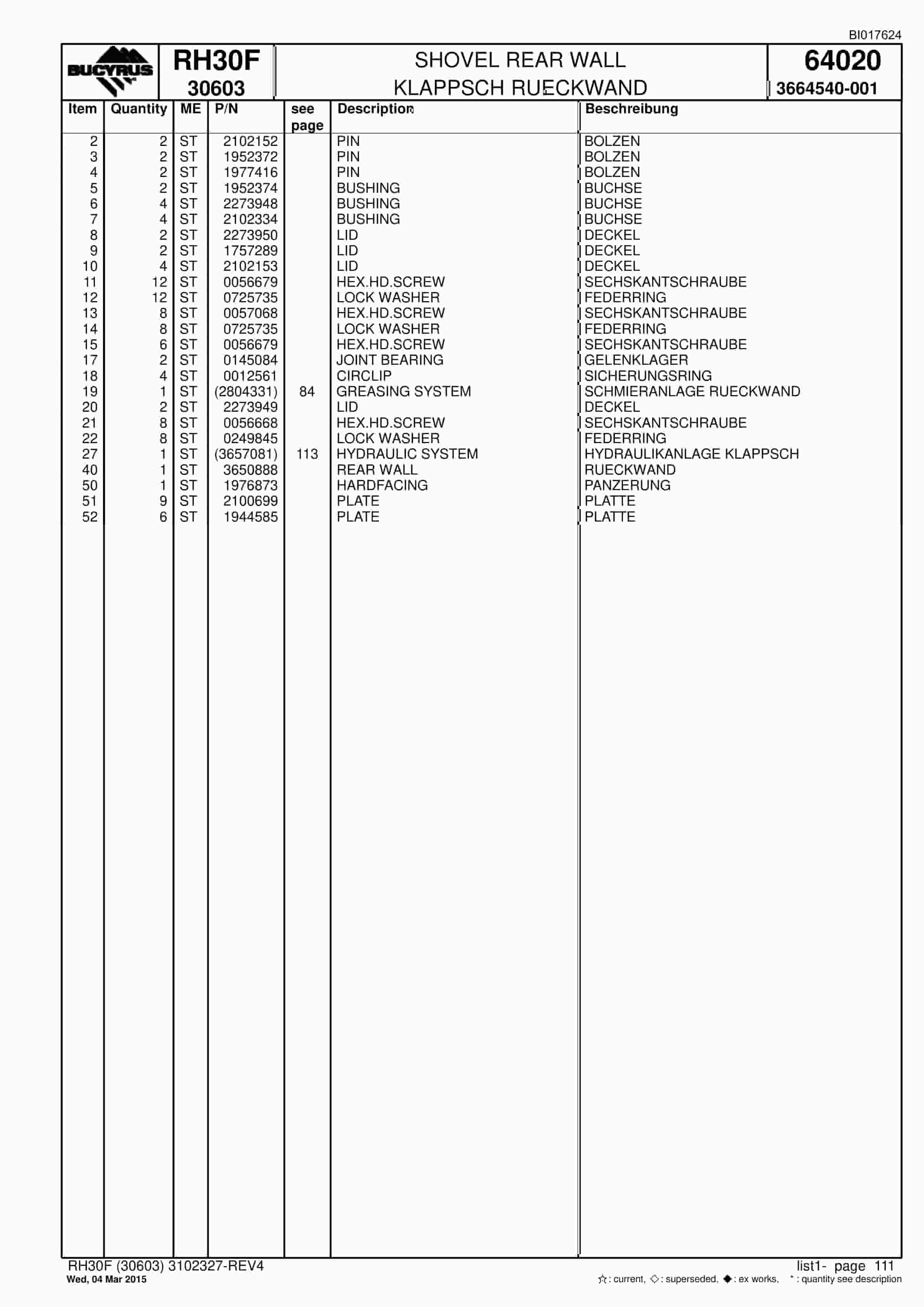 Caterpillar RH30F Hydraulic Shovel Spare Parts Manual BI017624-4