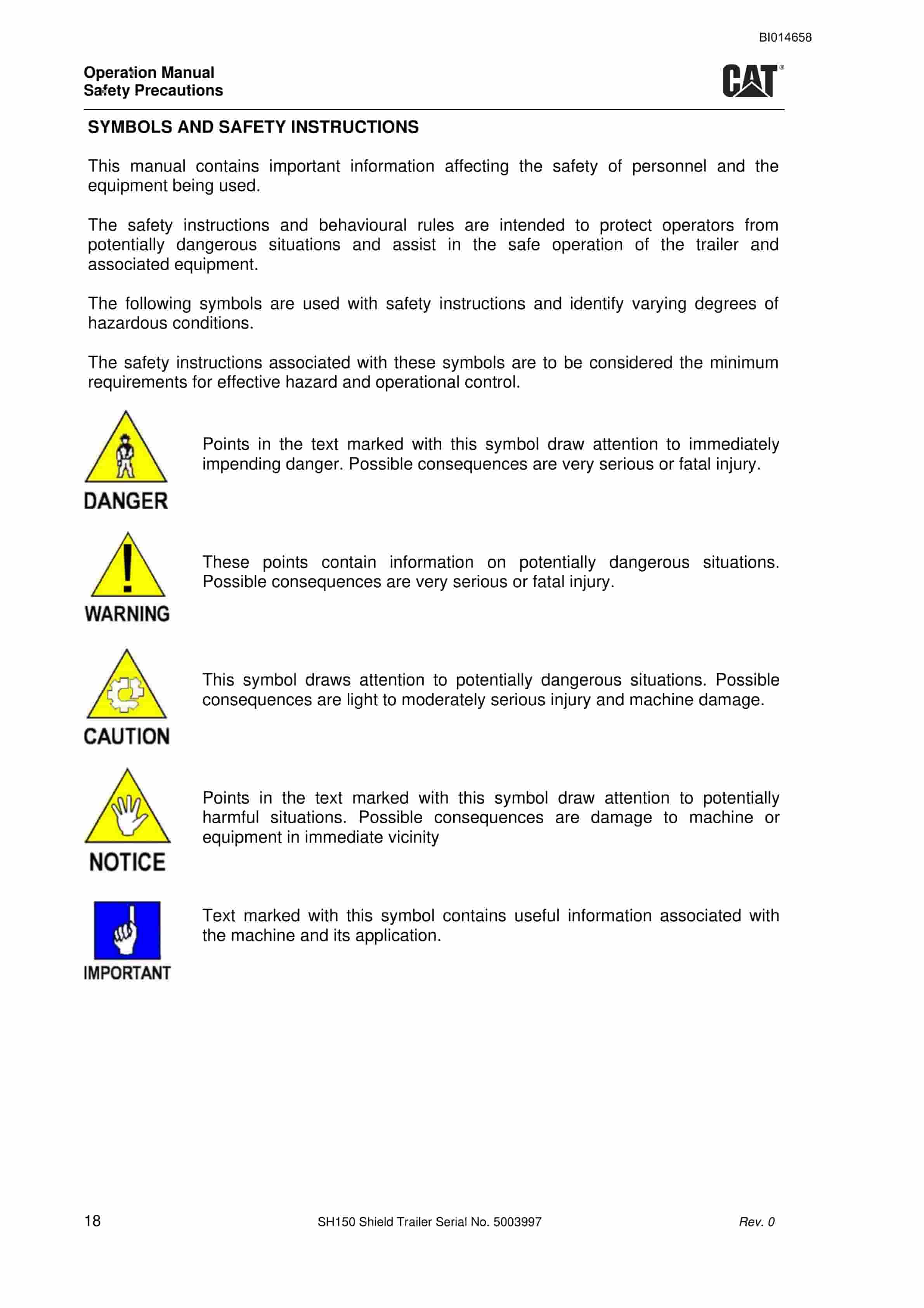 Caterpillar SH150 Shield Trailer Operation Manual BI014658-2