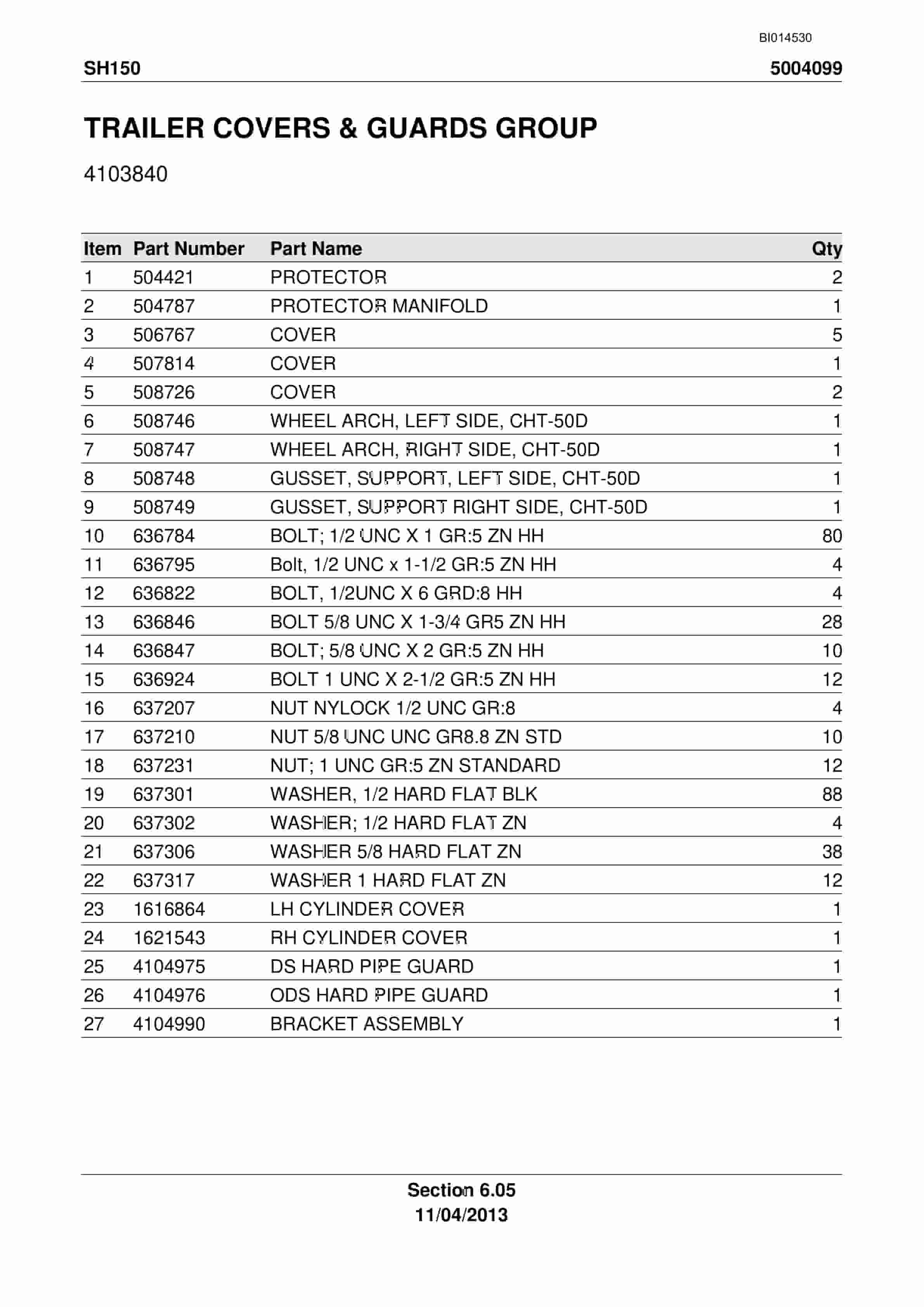 Caterpillar SH150 Shield Trailer Parts Manual BI014530-5