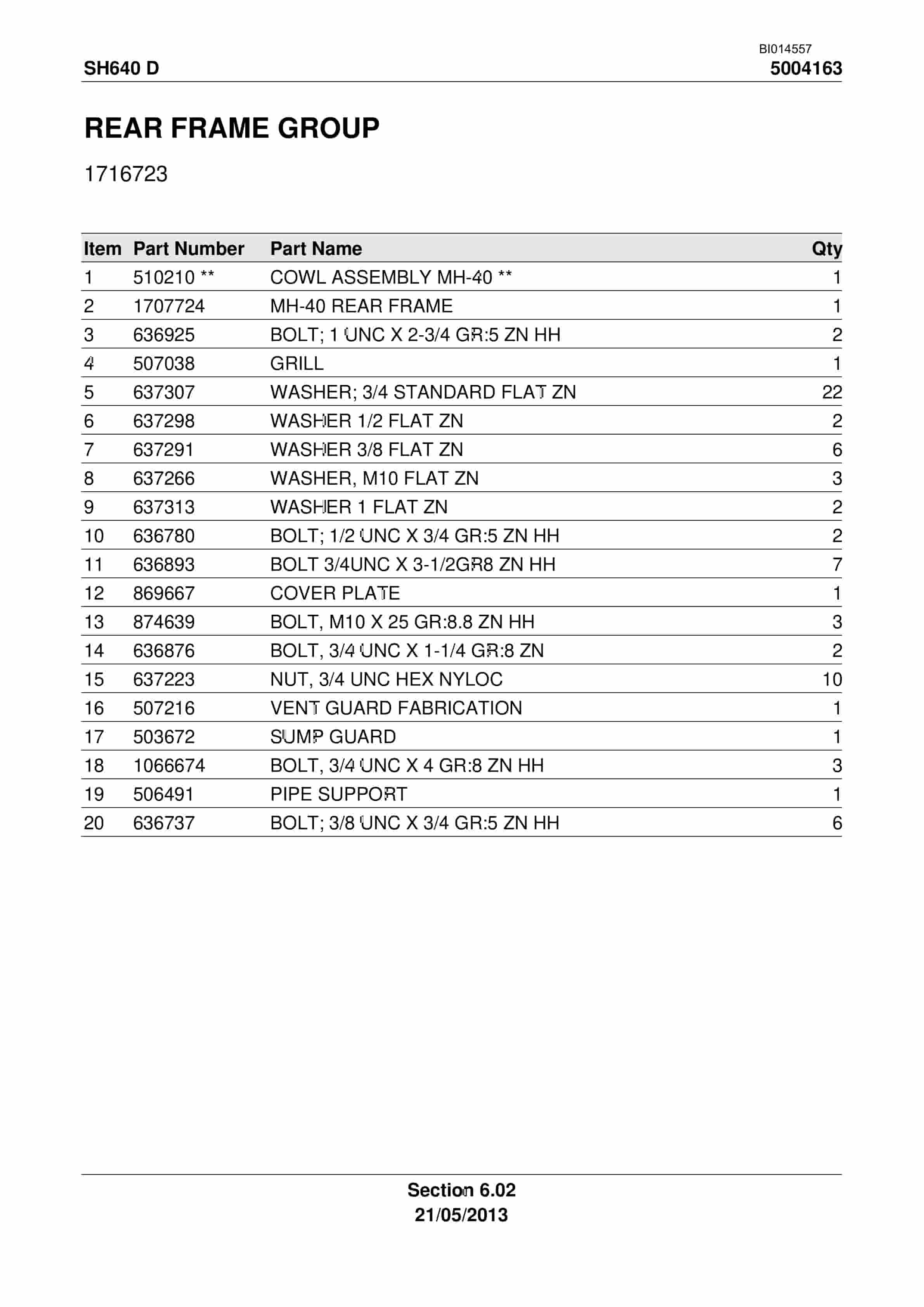 Caterpillar SH640 D Roof Support Carrier Parts Manual BI014557-4