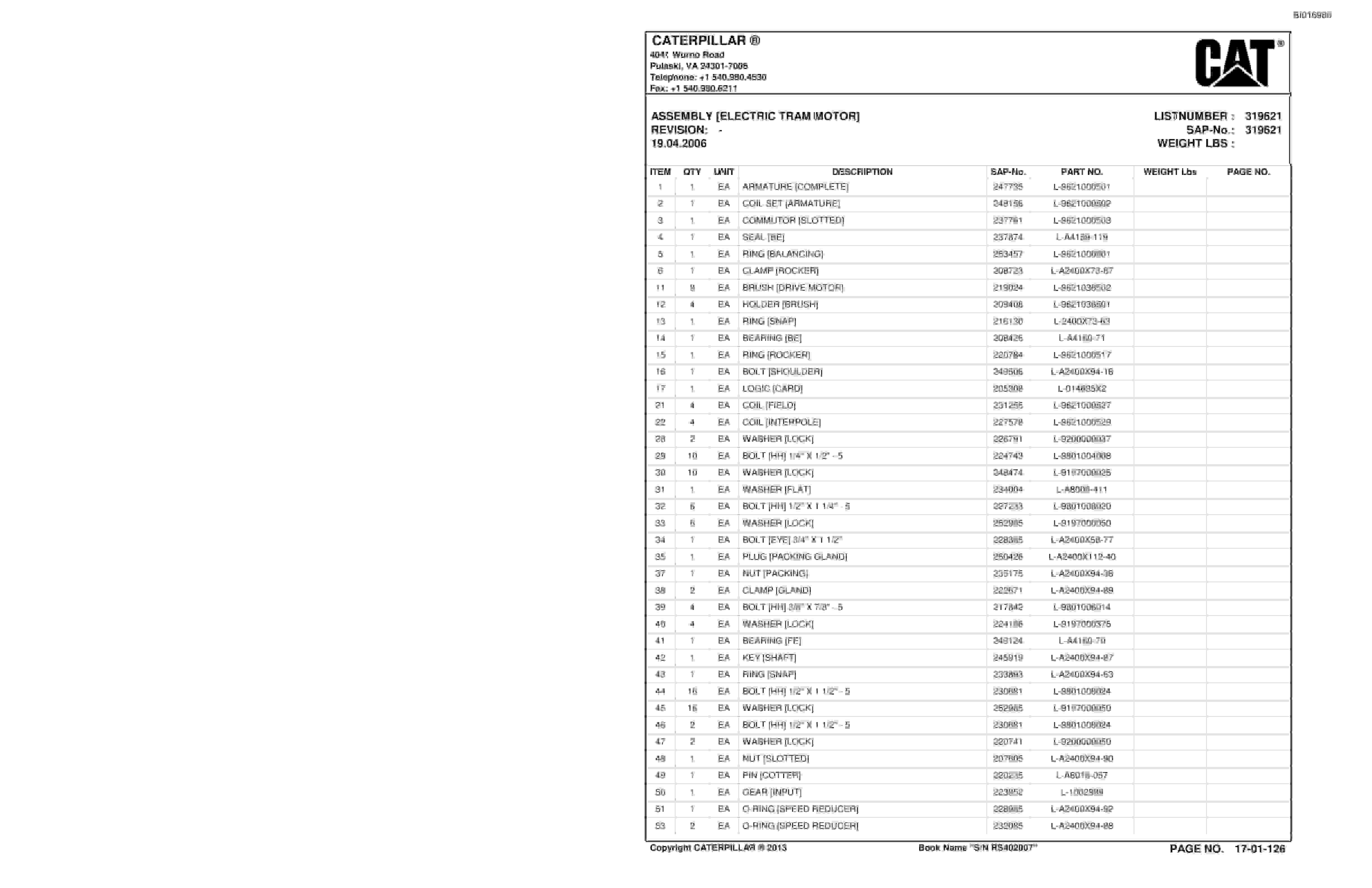 Caterpillar SH650 Roof Support Carrier Parts Manual BI016986-2