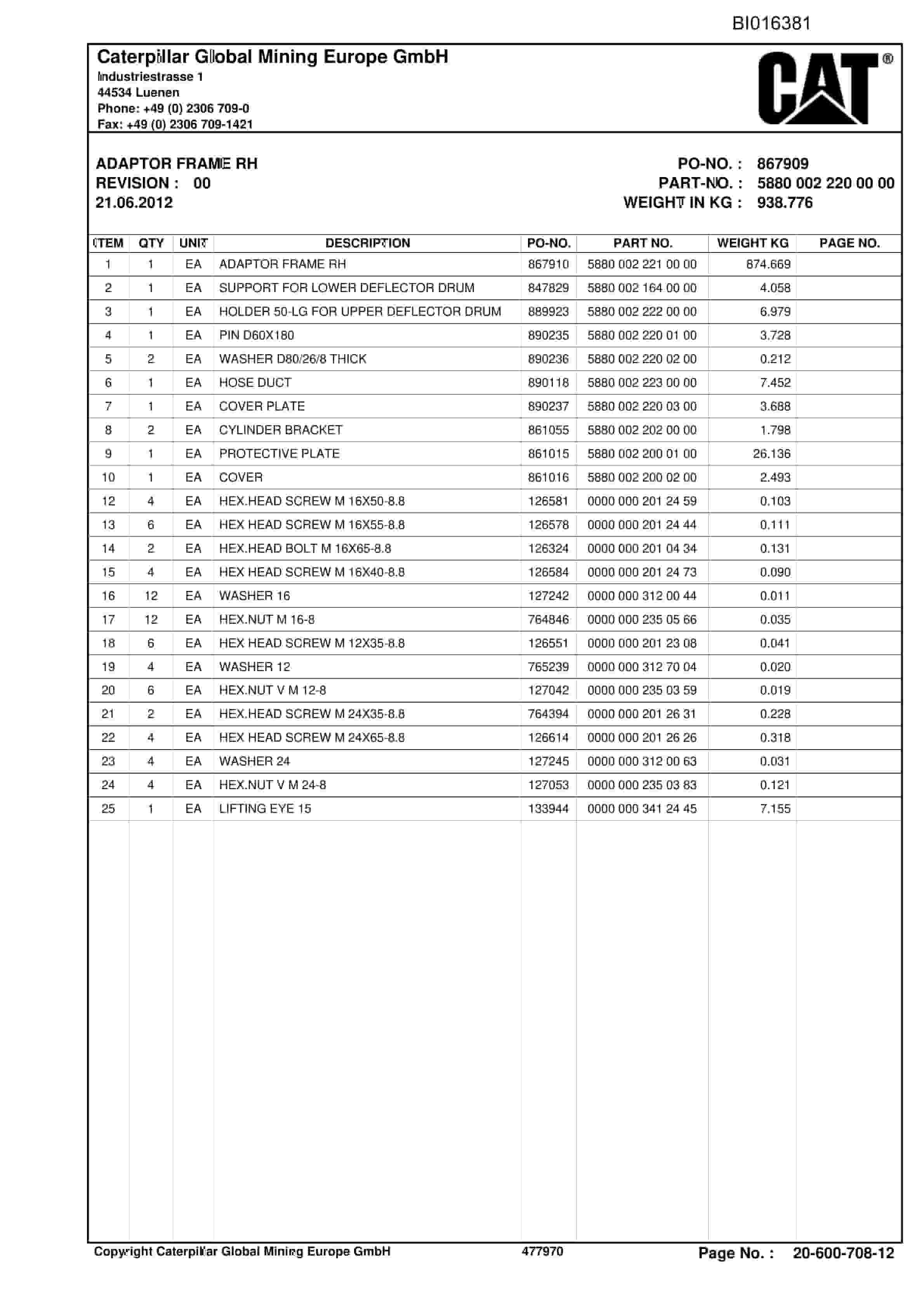 Caterpillar Shearer System Spare Parts Lists BI016381-2