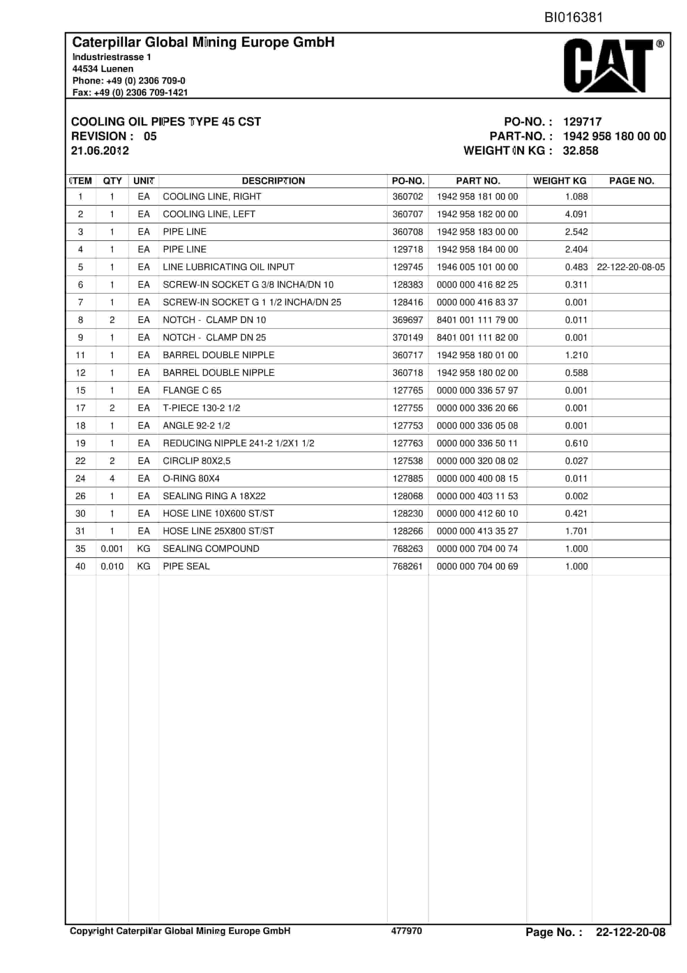 Caterpillar Shearer System Spare Parts Lists BI016381-3
