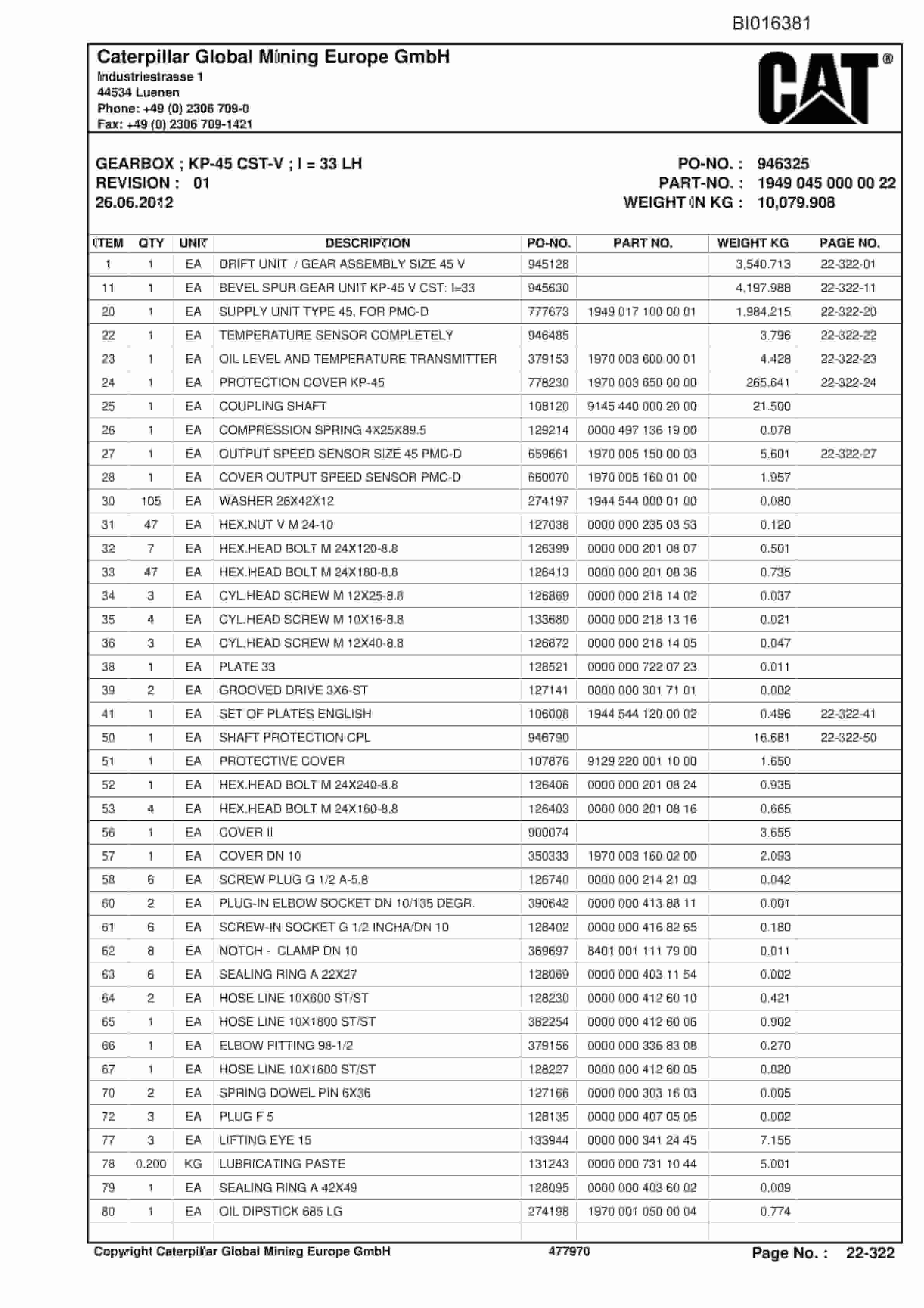Caterpillar Shearer System Spare Parts Lists BI016381-5