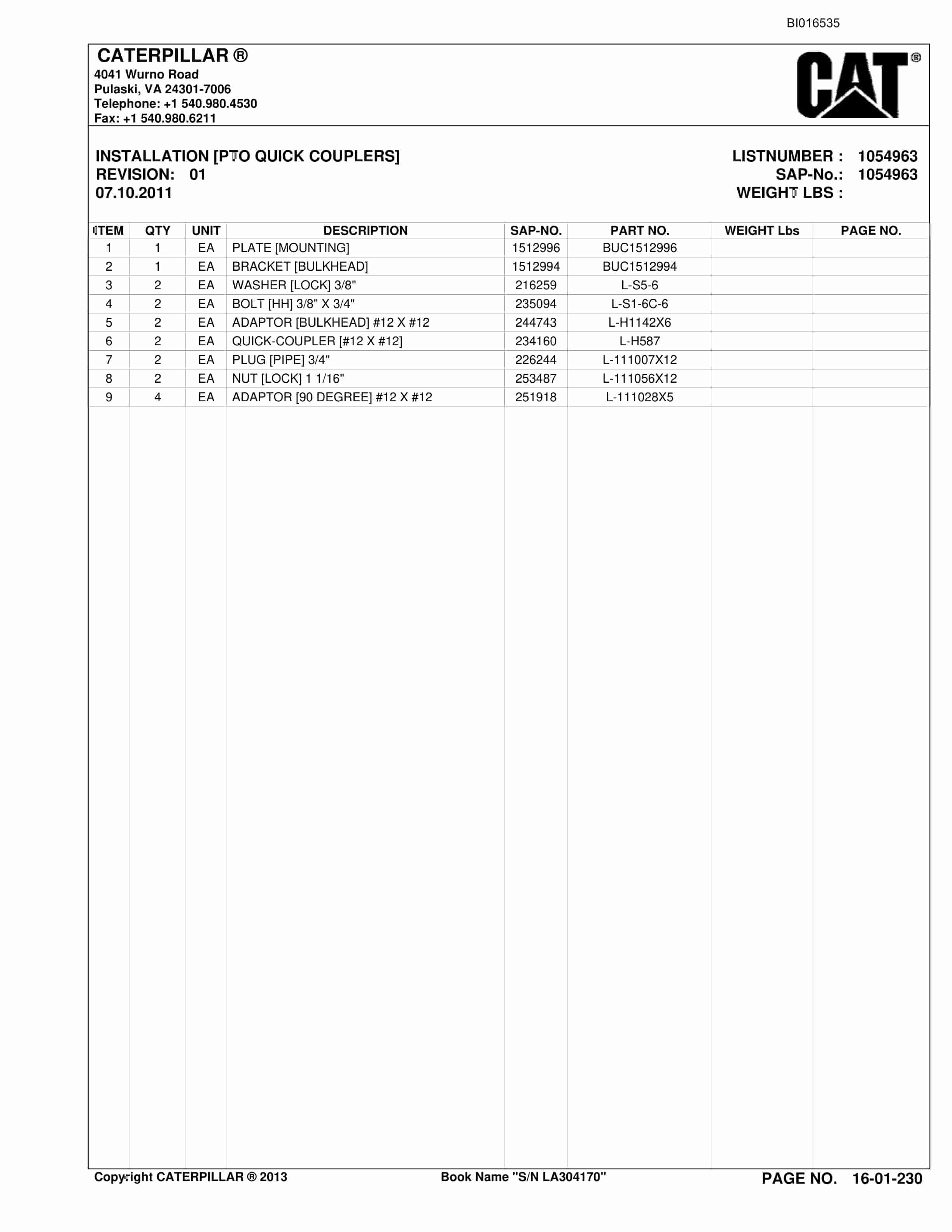 Caterpillar SU488 DN Scoop Parts Manual BI016535-5