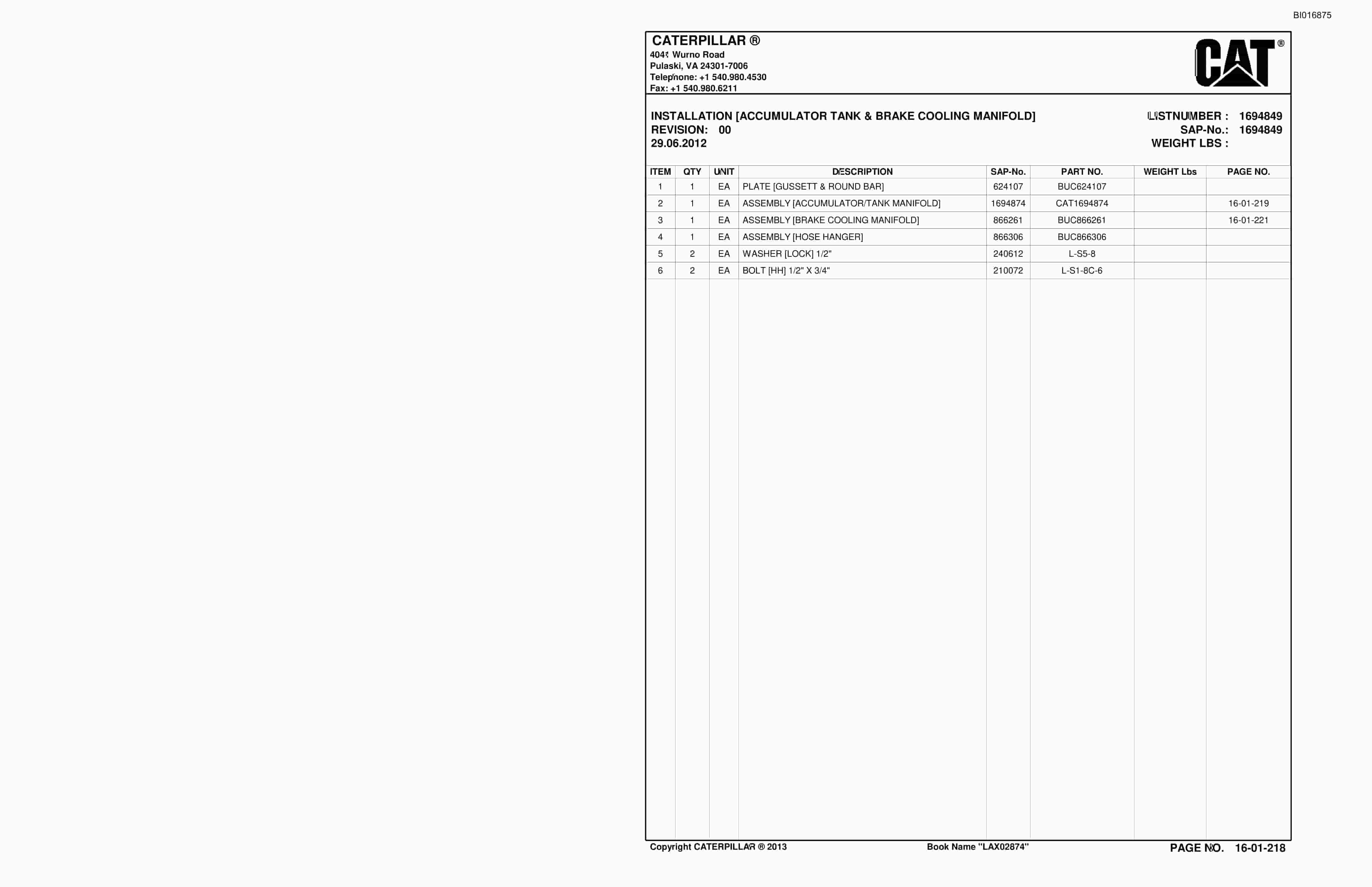 Caterpillar SU488 Scoop Parts Manual BI016875-3