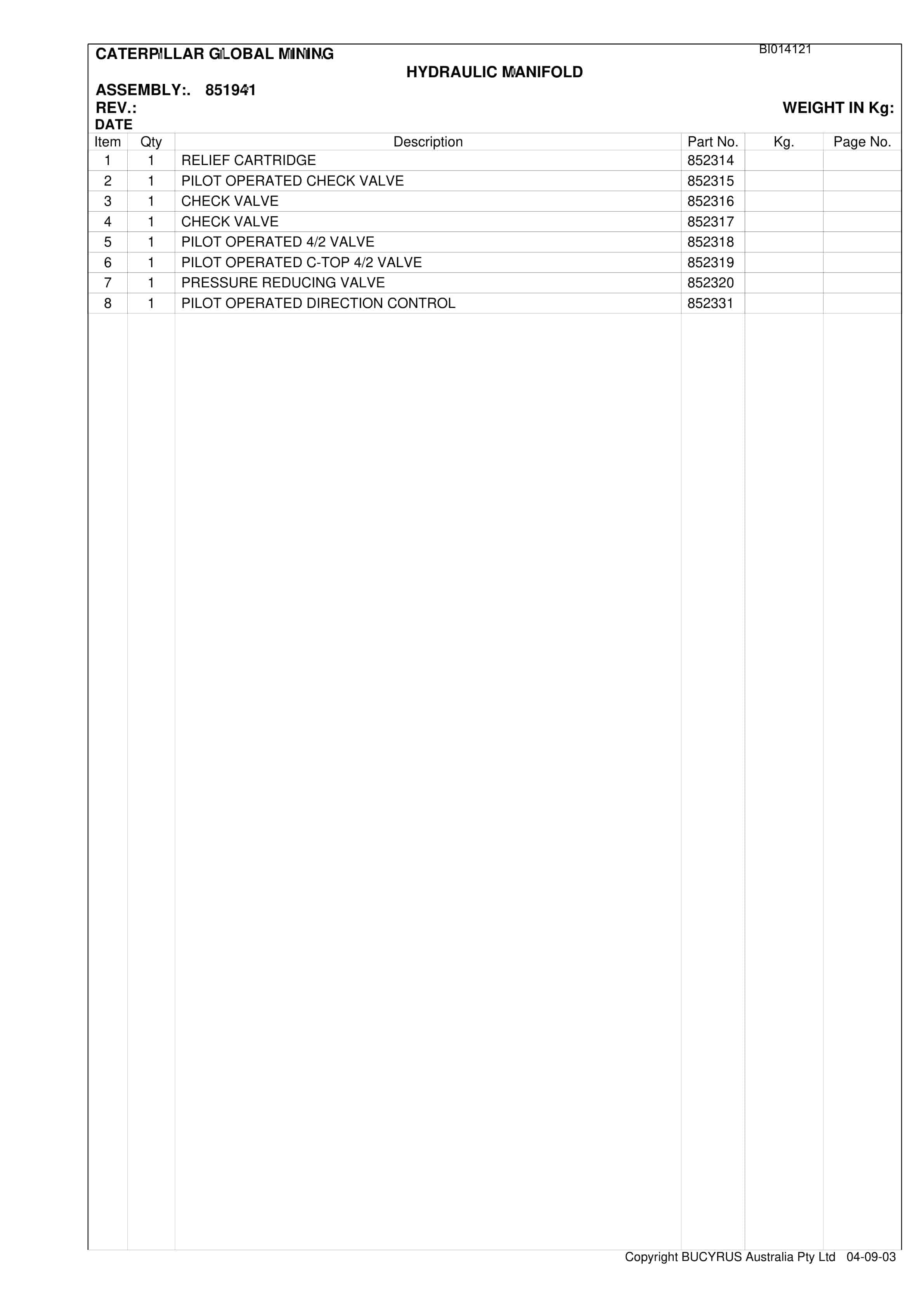 Caterpillar Ulan West SH660 HD Roof Support Carrier Parts Manual BI014121-2
