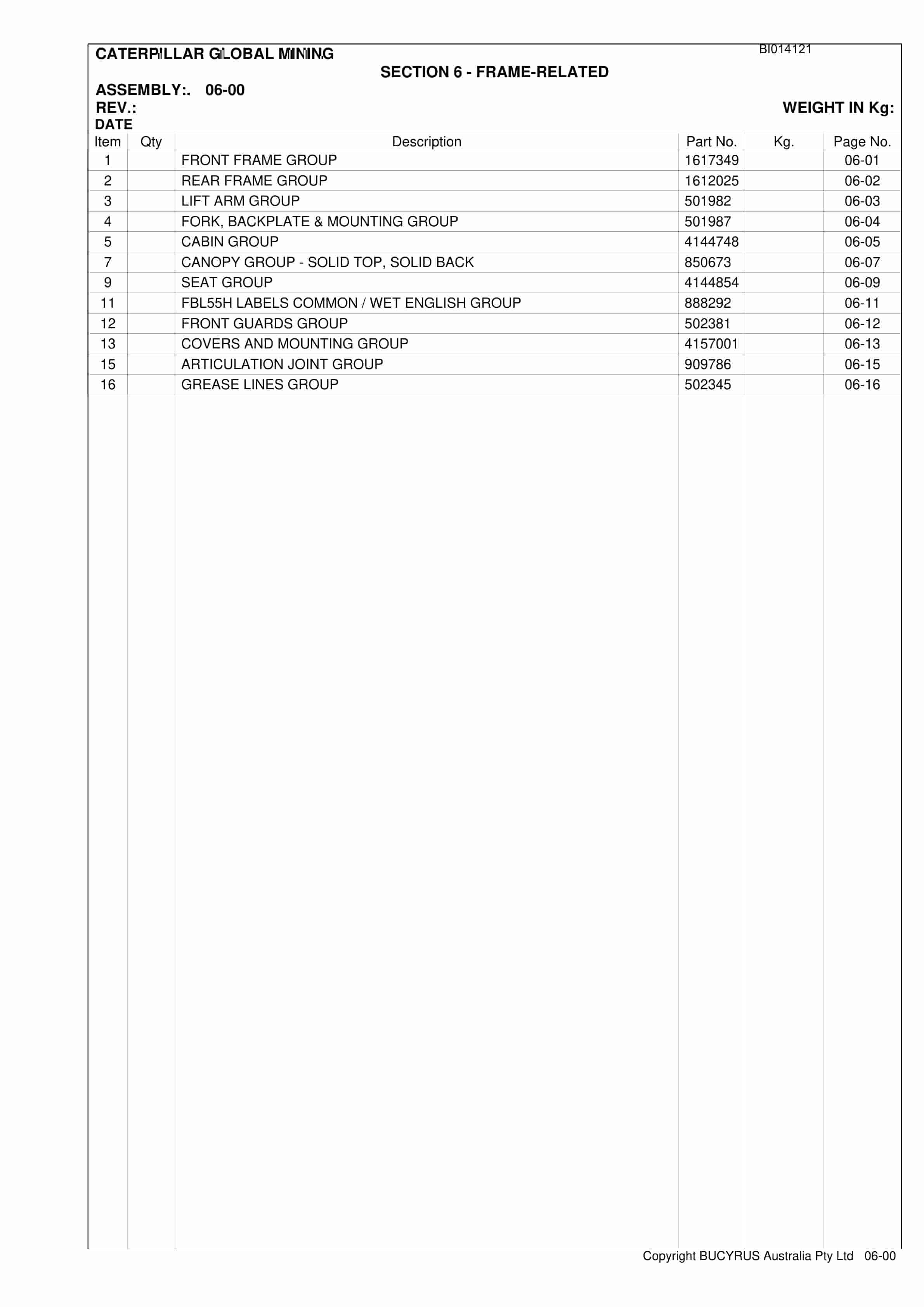 Caterpillar Ulan West SH660 HD Roof Support Carrier Parts Manual BI014121-3
