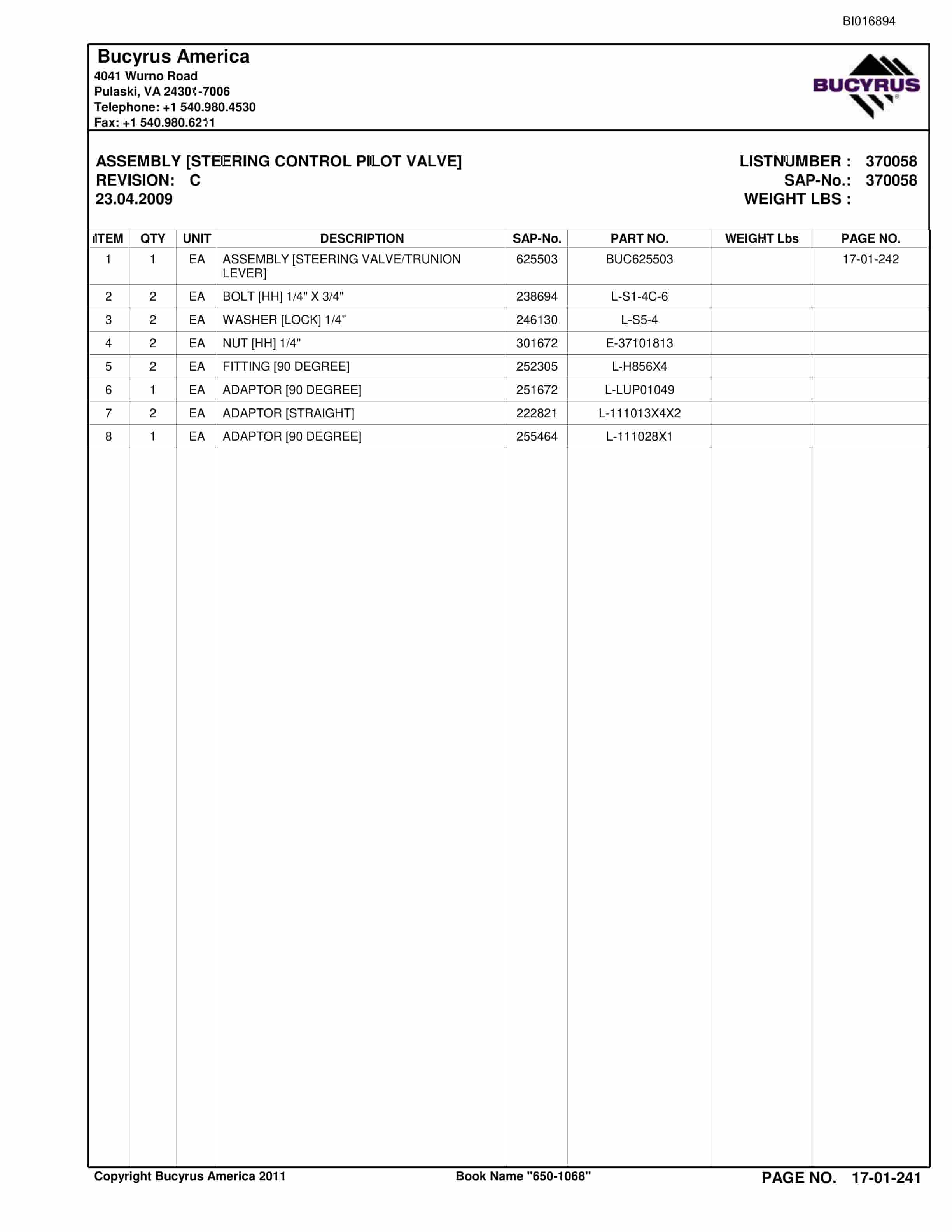 Caterpillar VT650 Roof Support Carrier Parts Manual BI016894-3