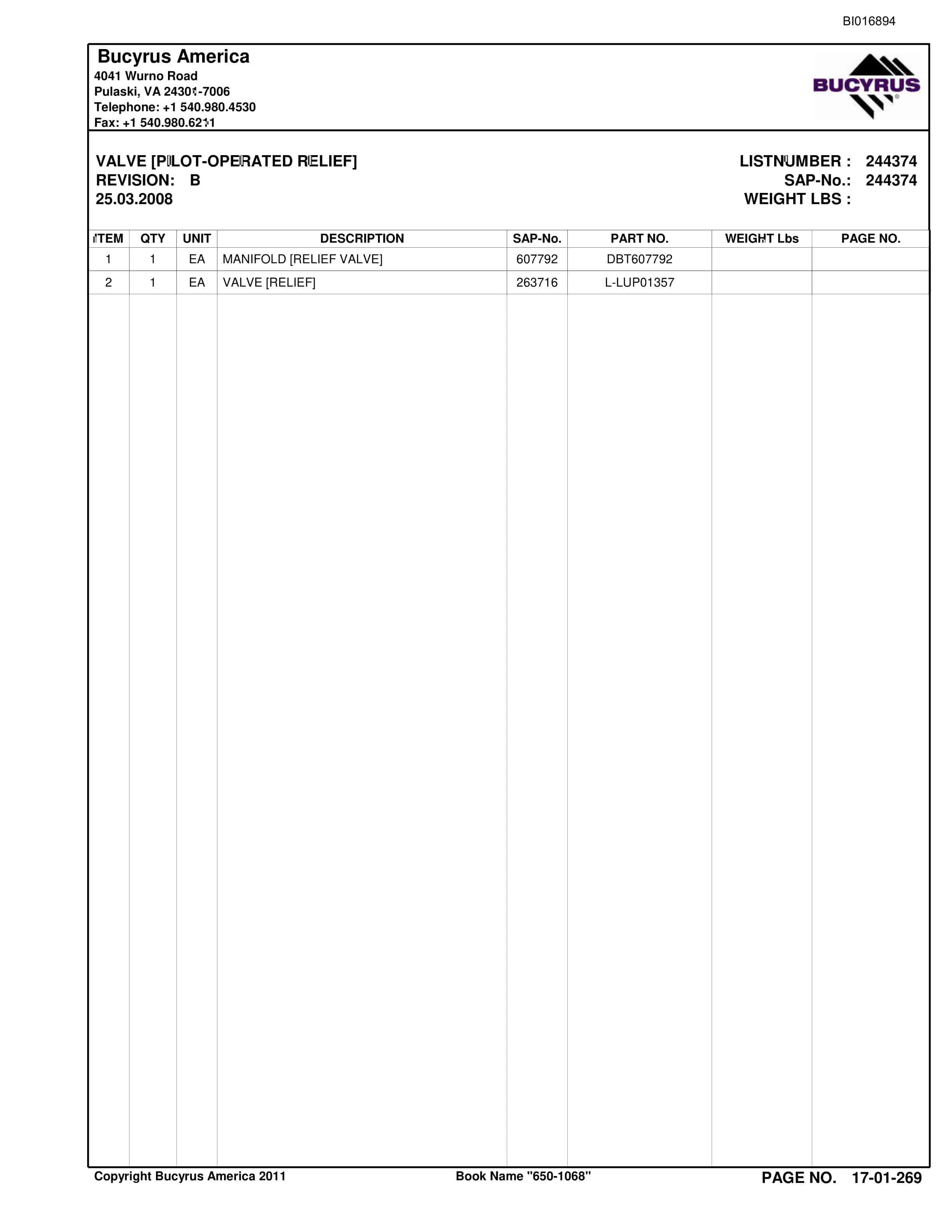 Caterpillar VT650 Roof Support Carrier Parts Manual BI016894-5