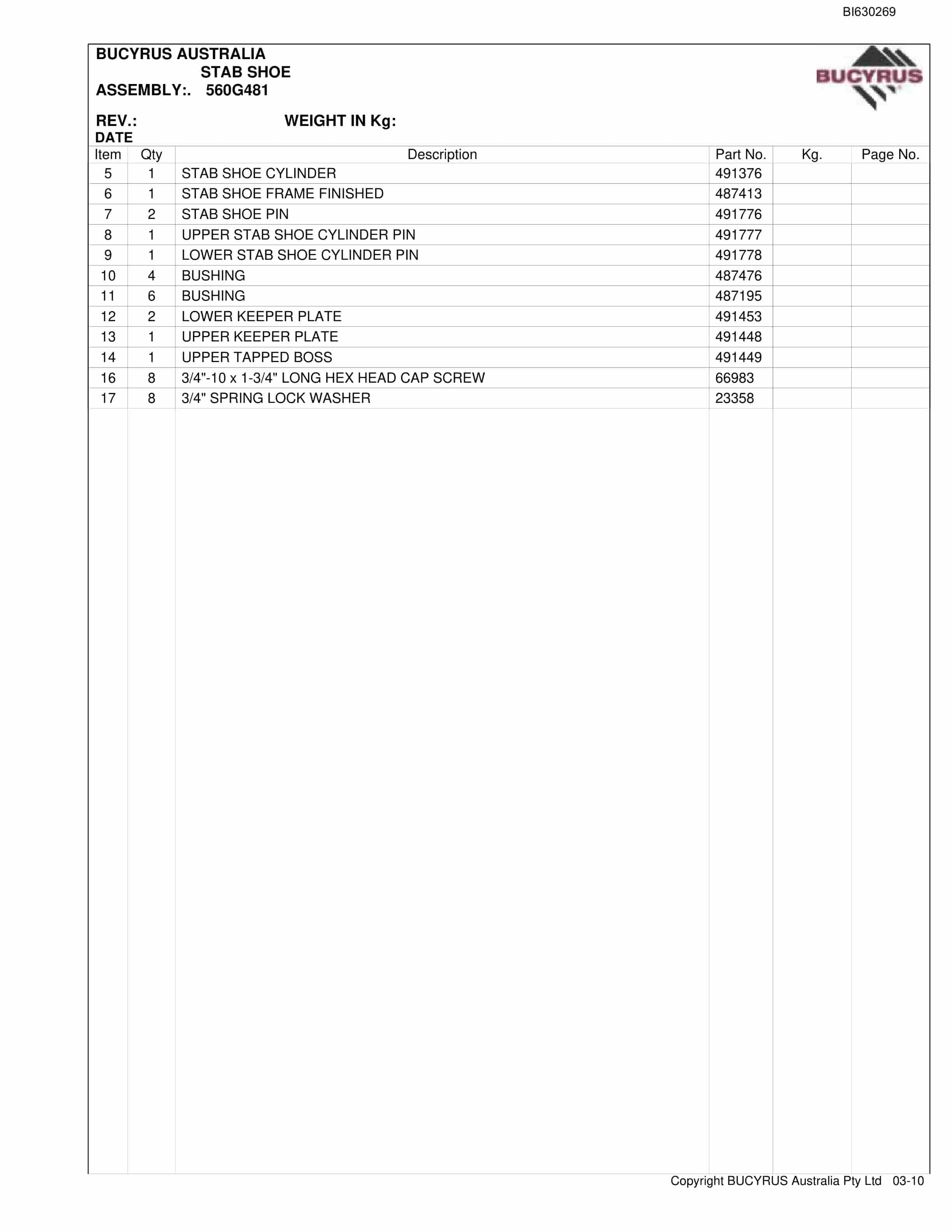 Bucyrus 1038 Continuous Miner Parts Manual BI630269-2