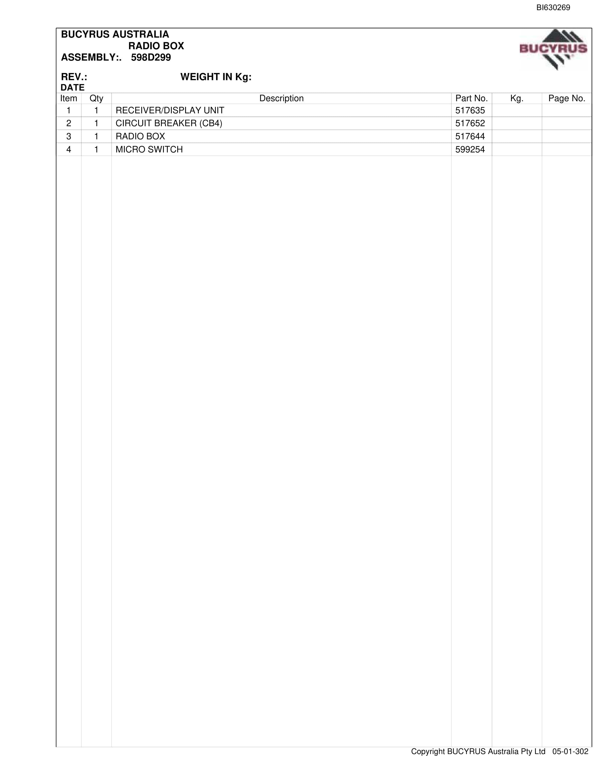 Bucyrus 1038 Continuous Miner Parts Manual BI630269-3