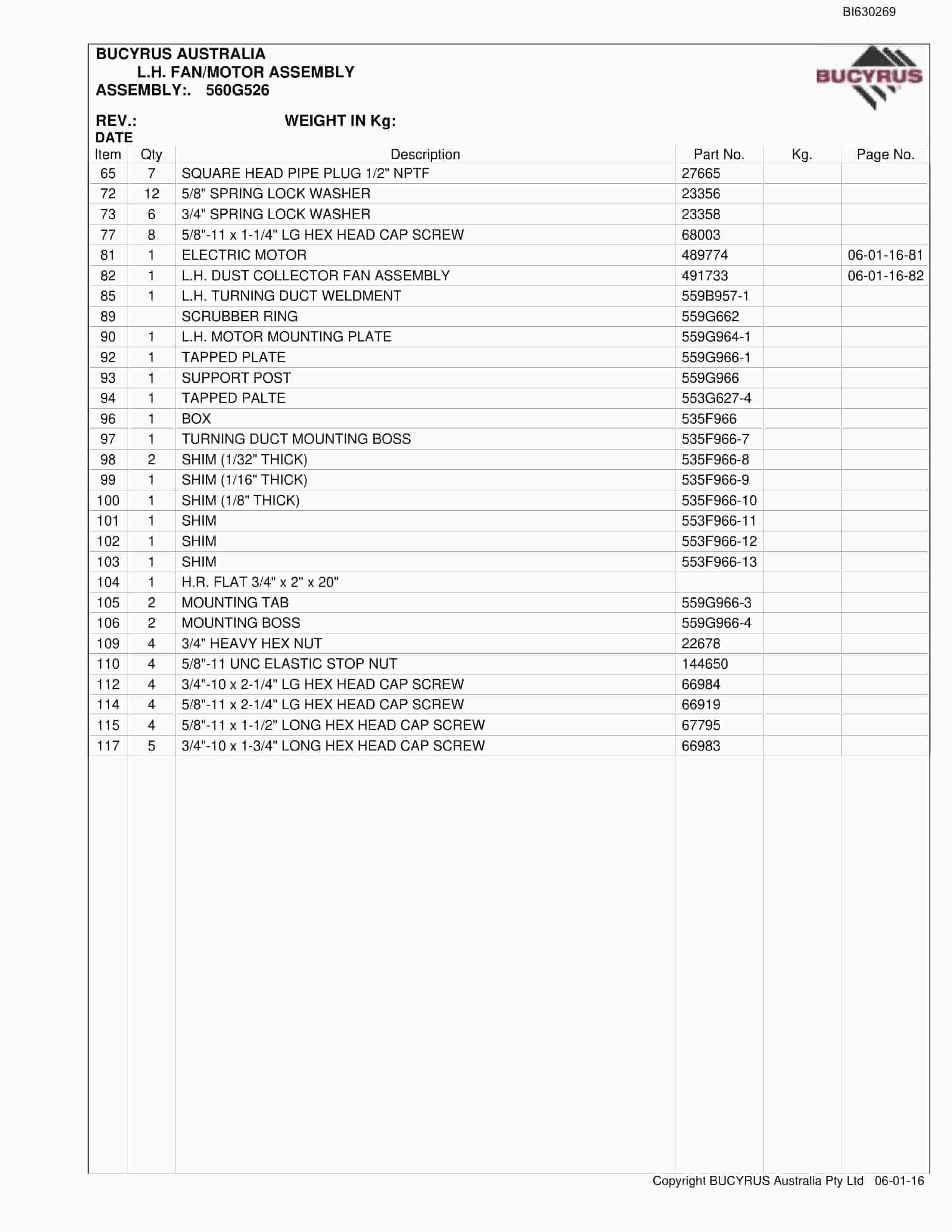 Bucyrus 1038 Continuous Miner Parts Manual BI630269-5