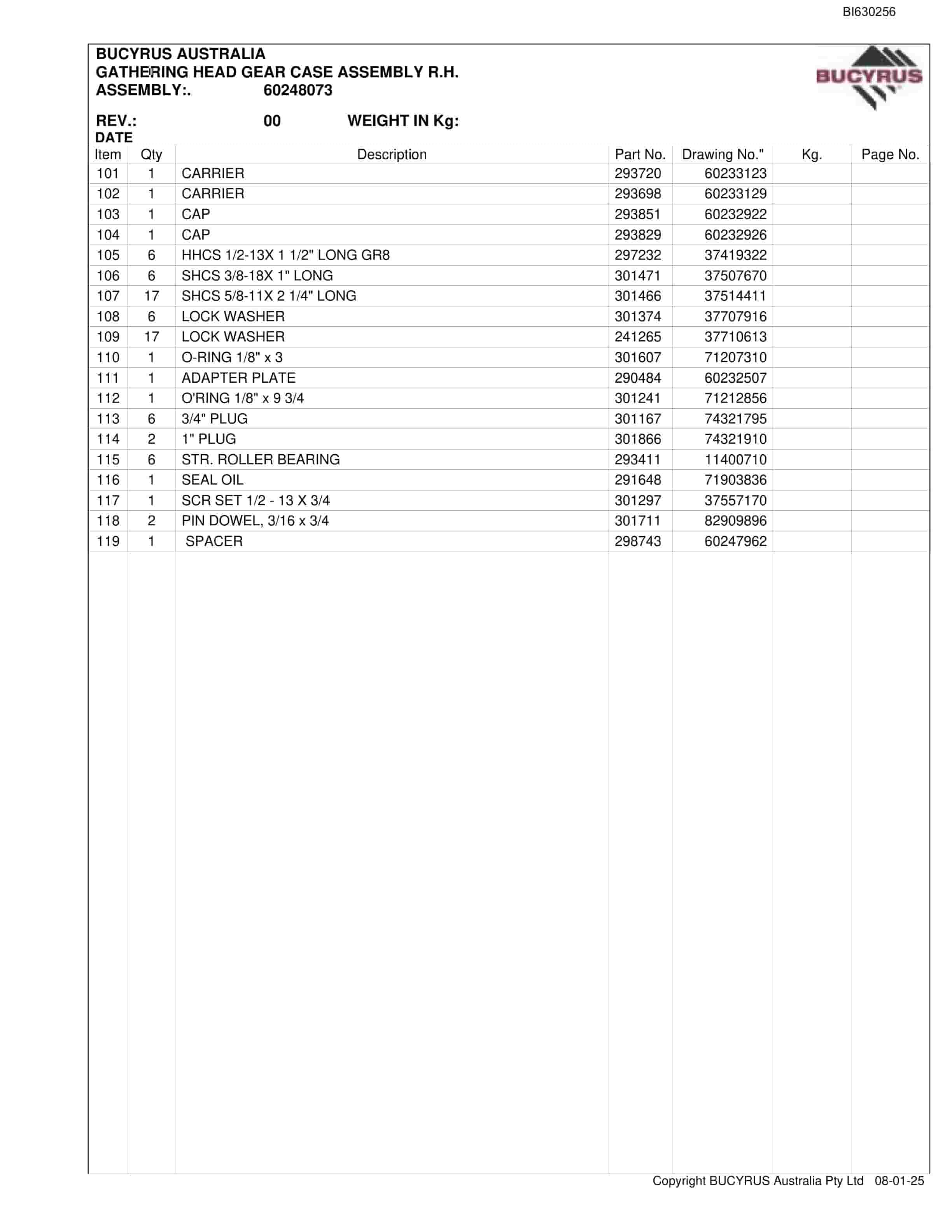 Bucyrus 25M3 Continuous Miner Parts Manual BI630256-3
