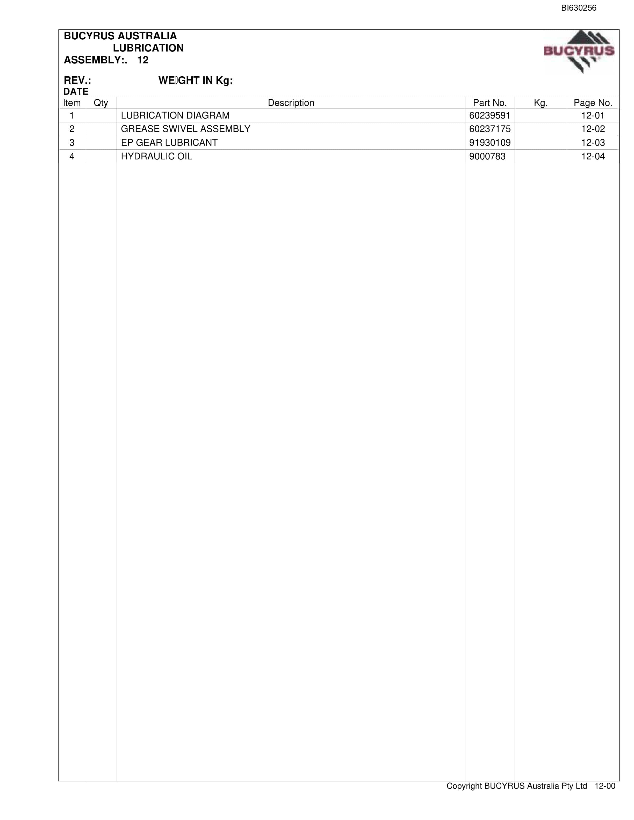 Bucyrus 25M3 Continuous Miner Parts Manual BI630256-5
