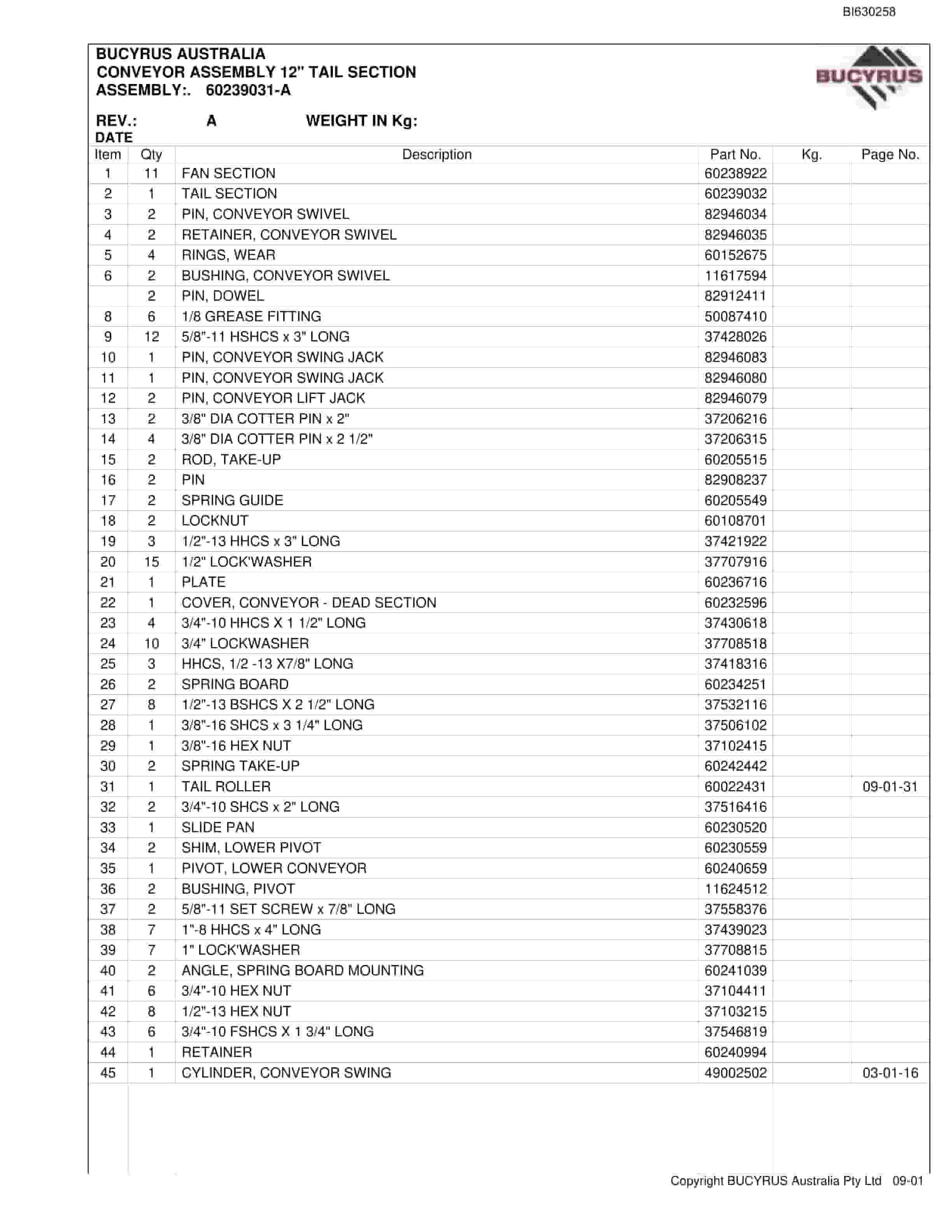 Bucyrus 25M3 Miner Parts Manual BI630258-3
