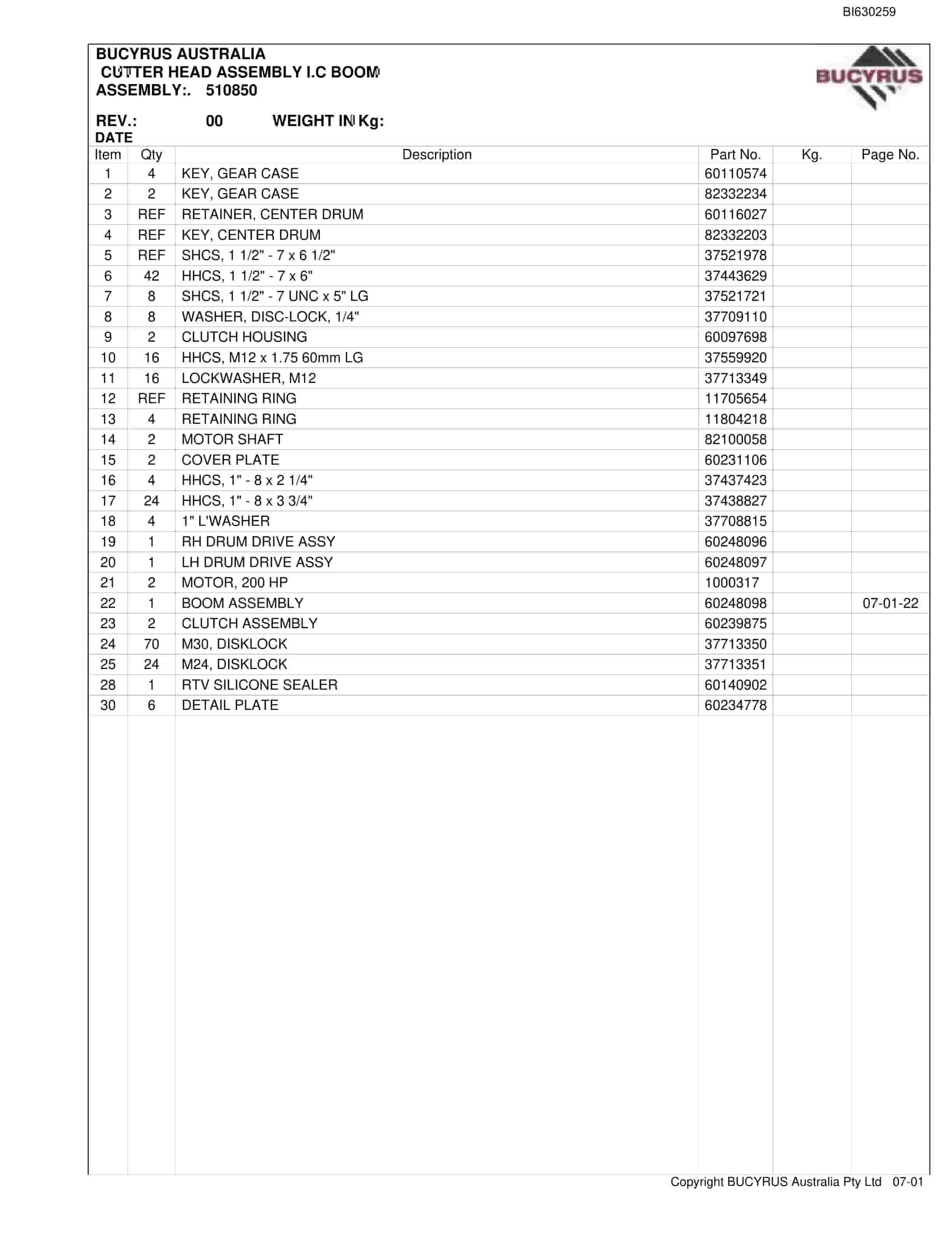Bucyrus 25M3 Miner Parts Manual BI630259-2