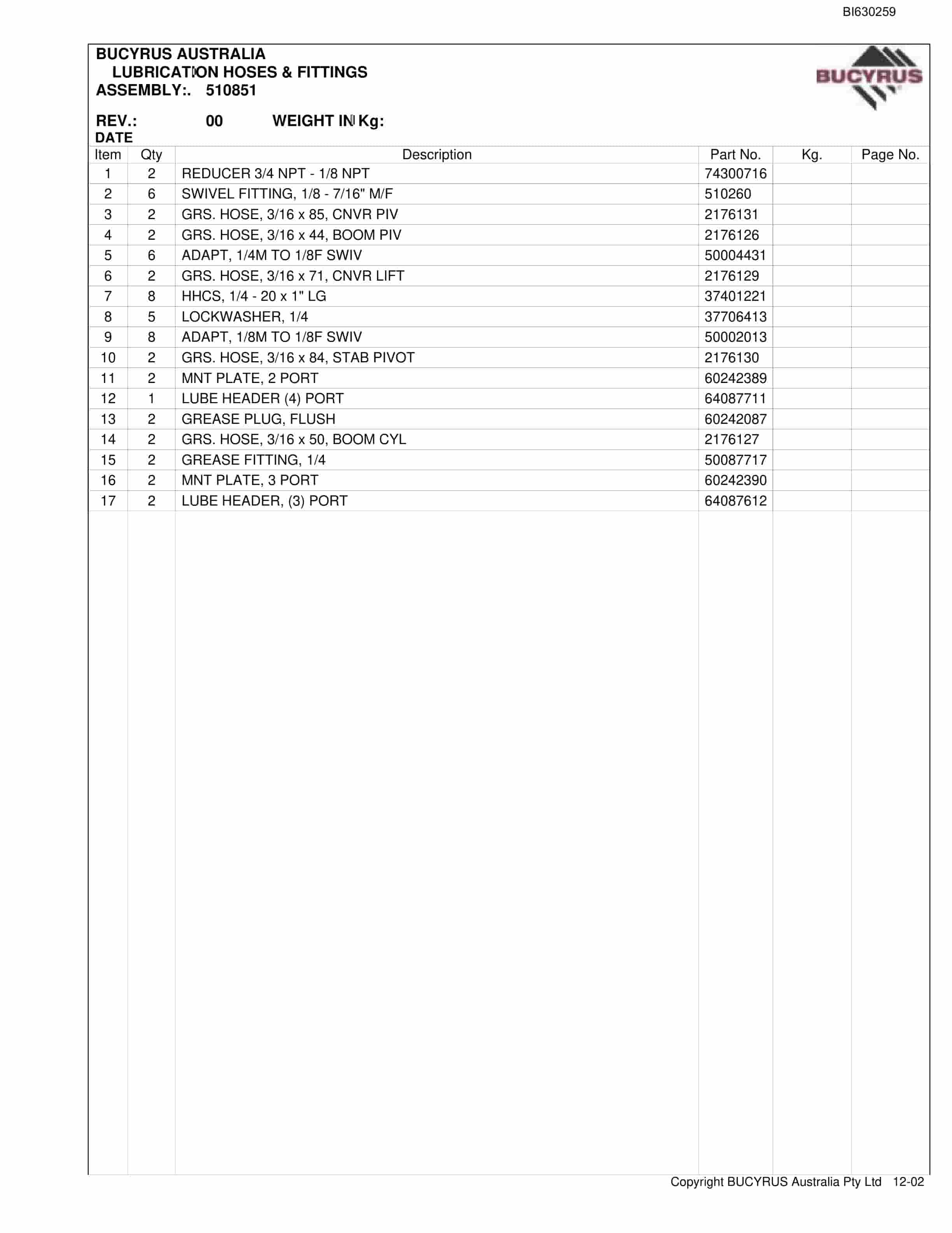 Bucyrus 25M3 Miner Parts Manual BI630259-4