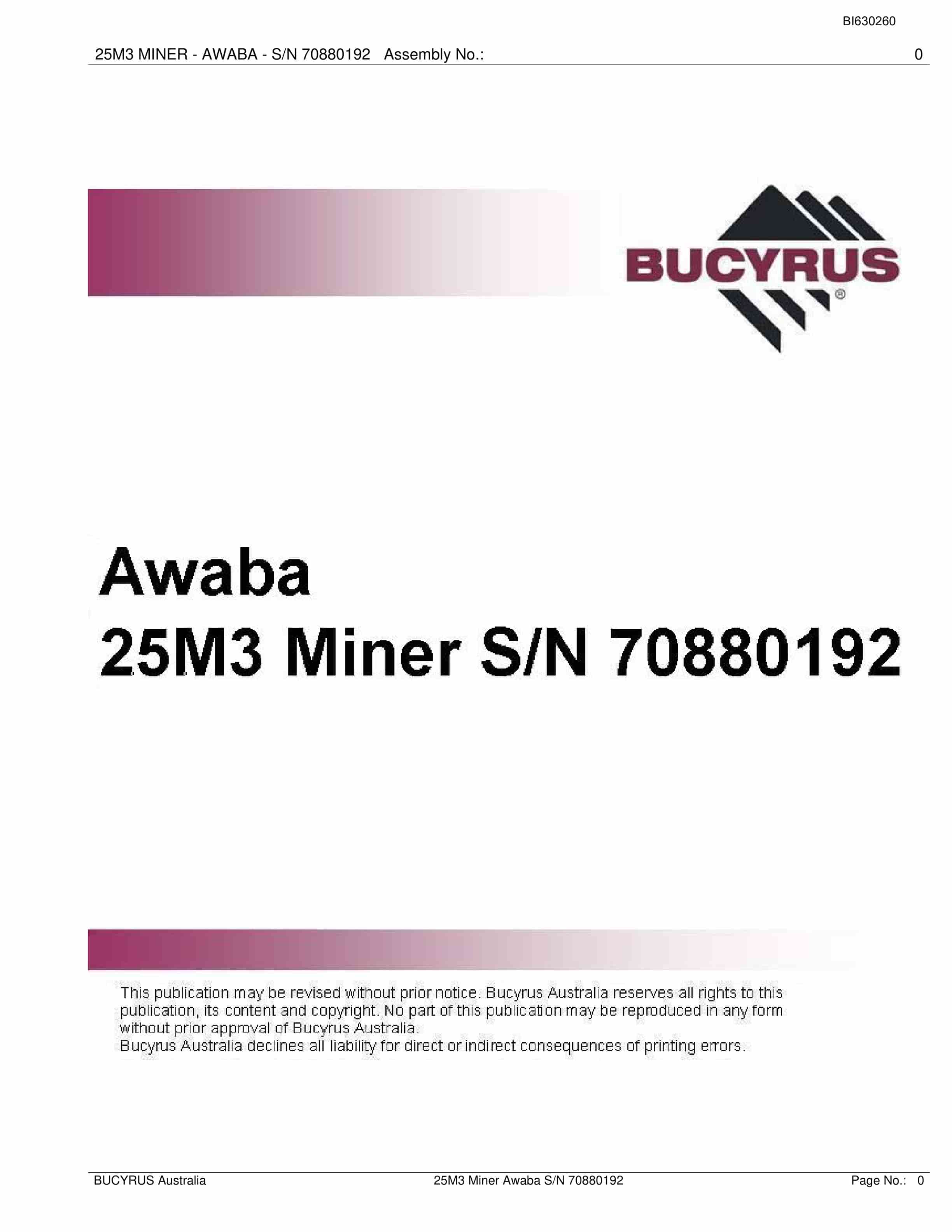 Bucyrus 25M3 Miner Parts Manual BI630260