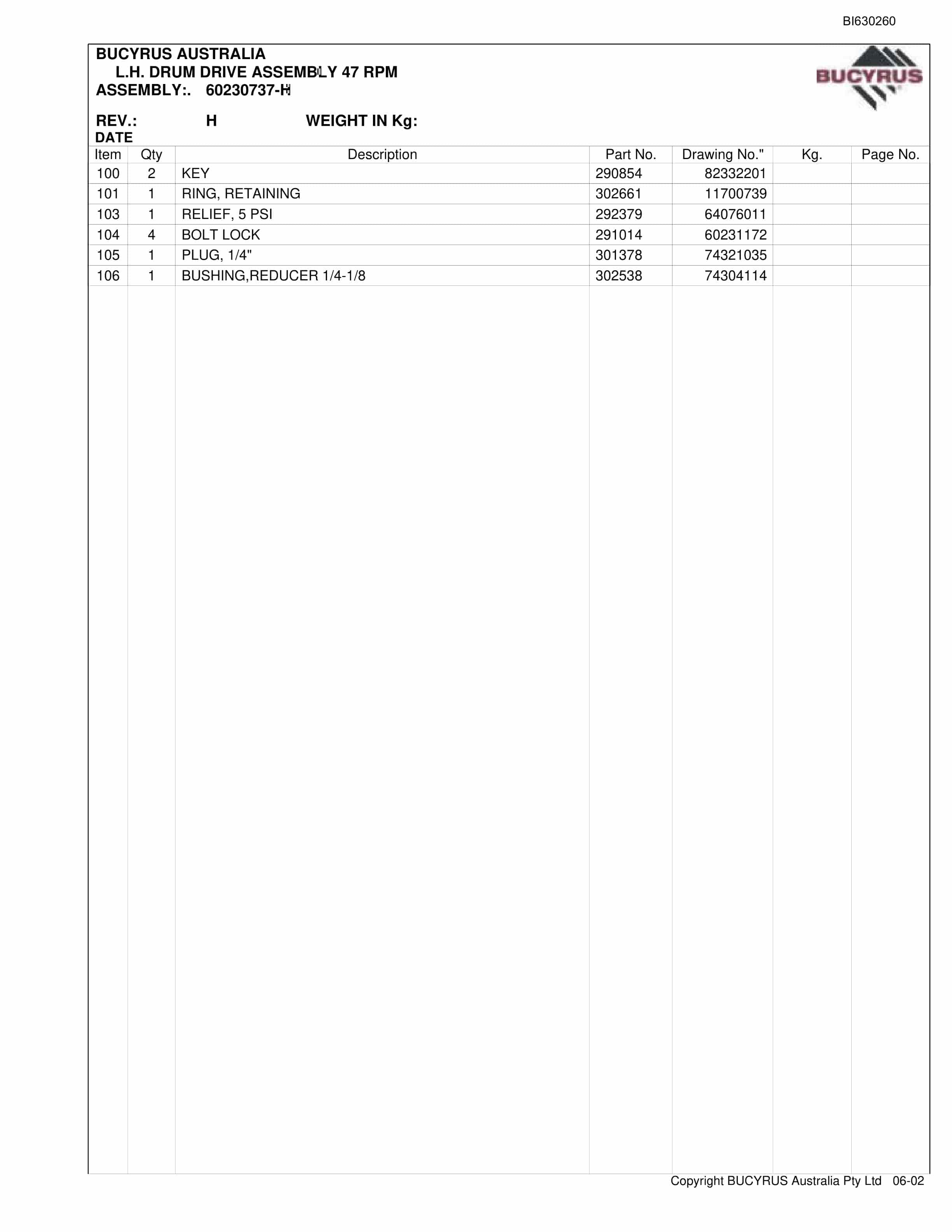Bucyrus 25M3 Miner Parts Manual BI630260-2