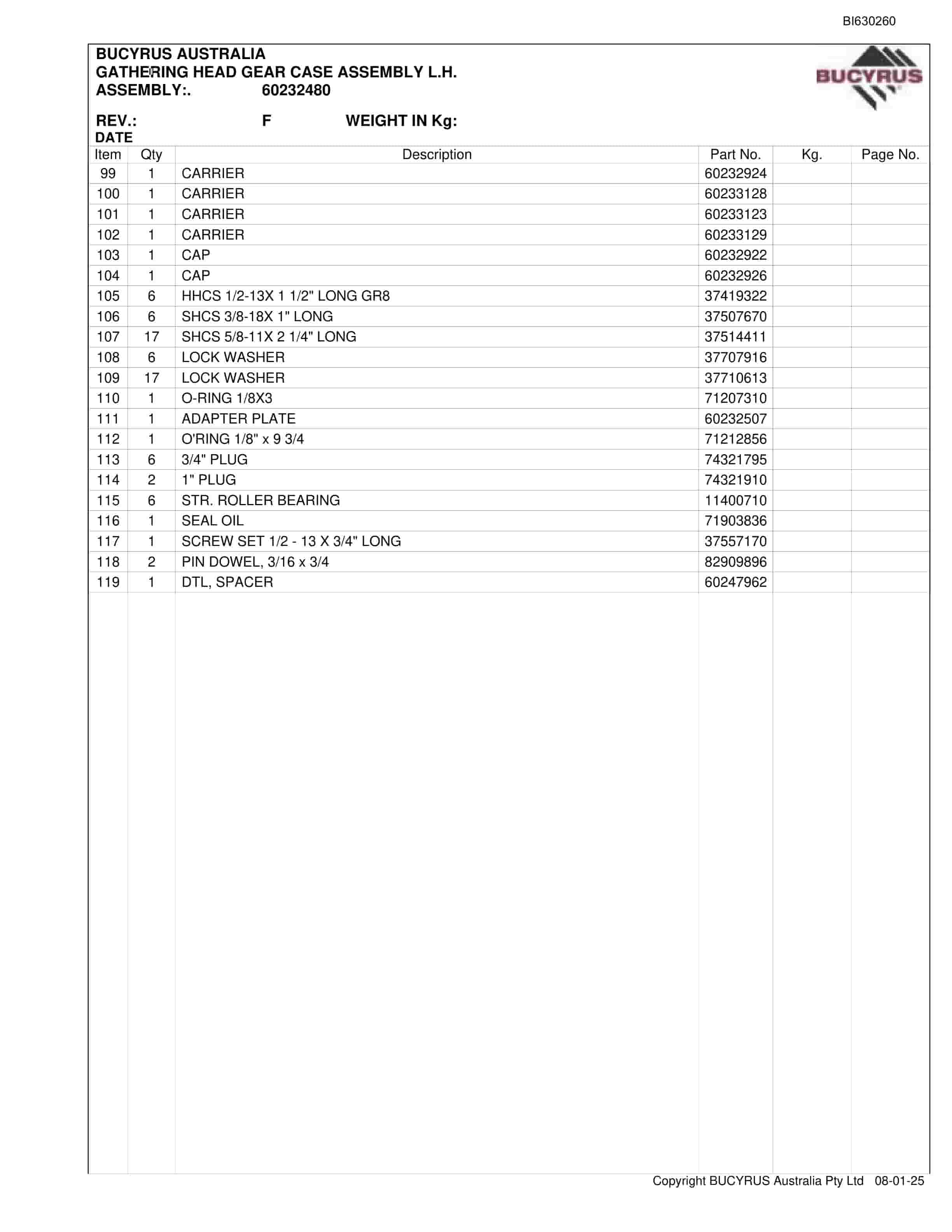 Bucyrus 25M3 Miner Parts Manual BI630260-3