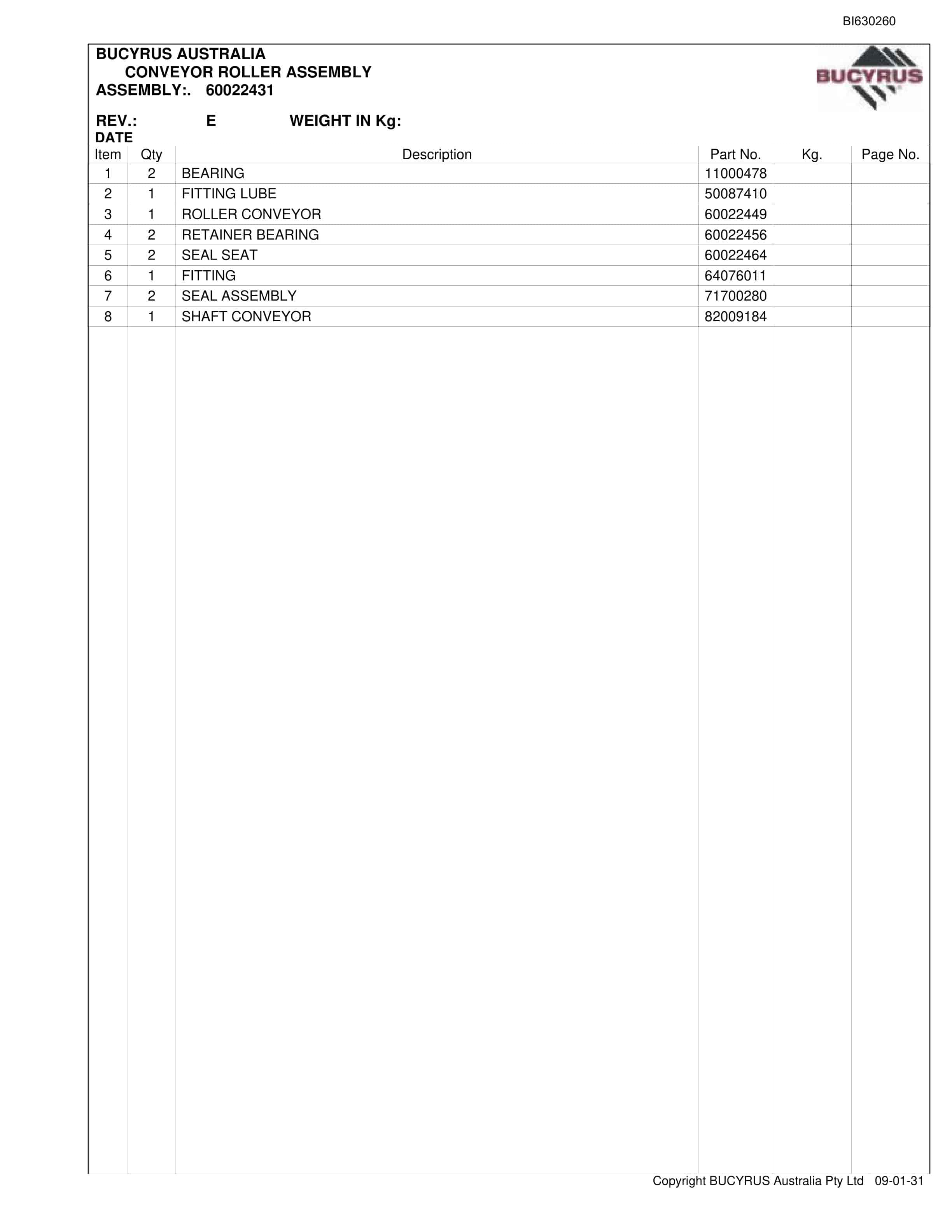 Bucyrus 25M3 Miner Parts Manual BI630260-4