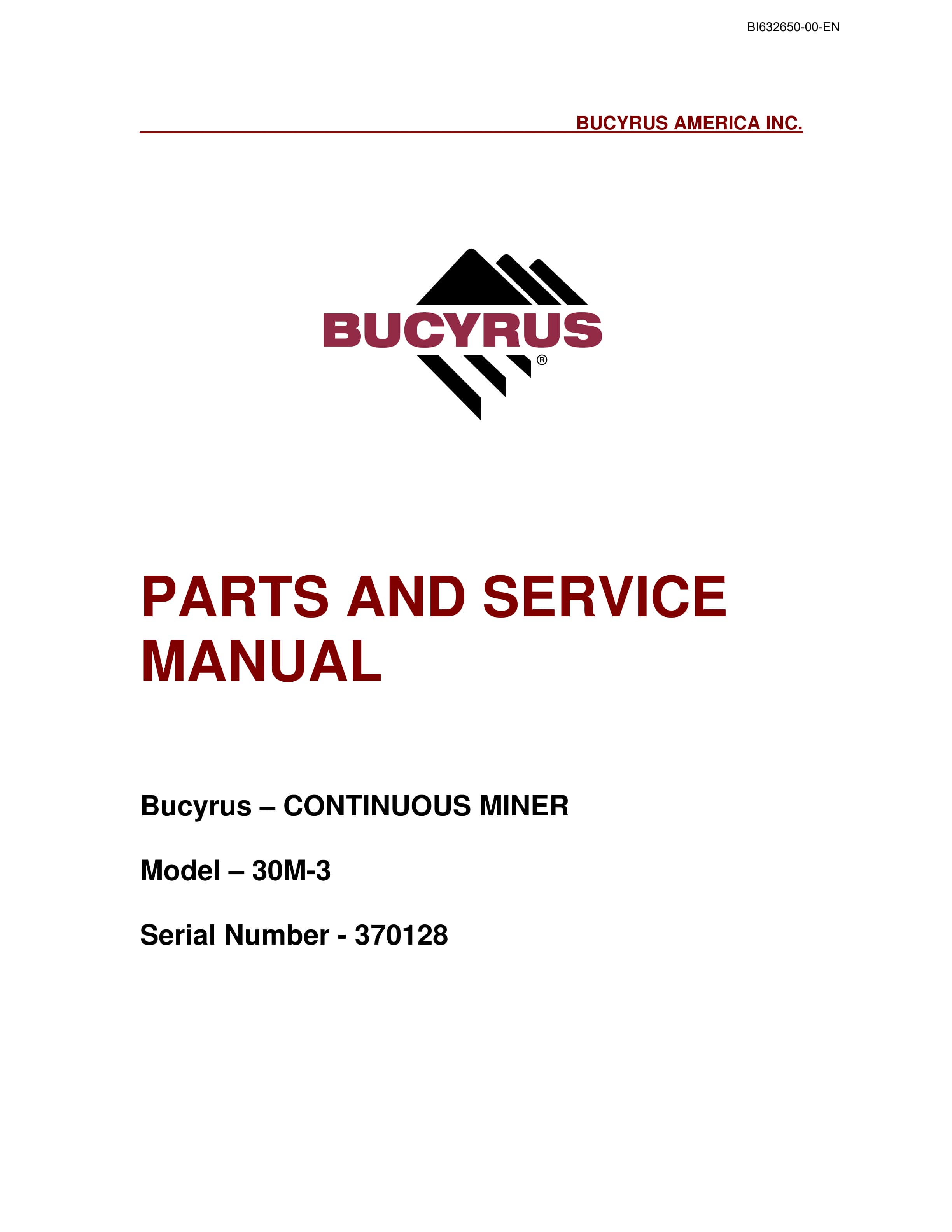 Bucyrus 30M-3 Continuous Miner Parts And Service Manual BI632650