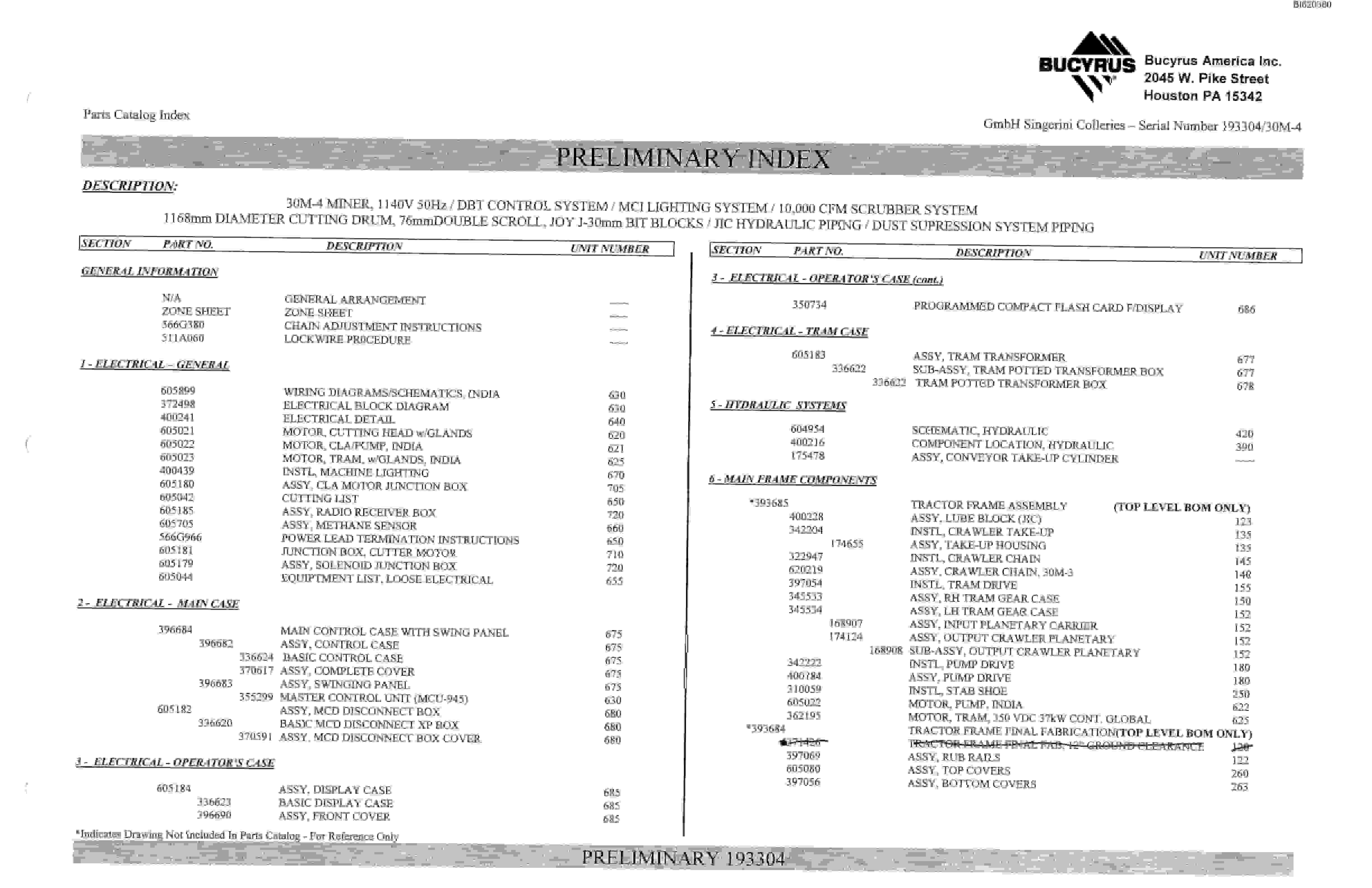 Bucyrus 30M-4 Miner Parts Catalog BI620380