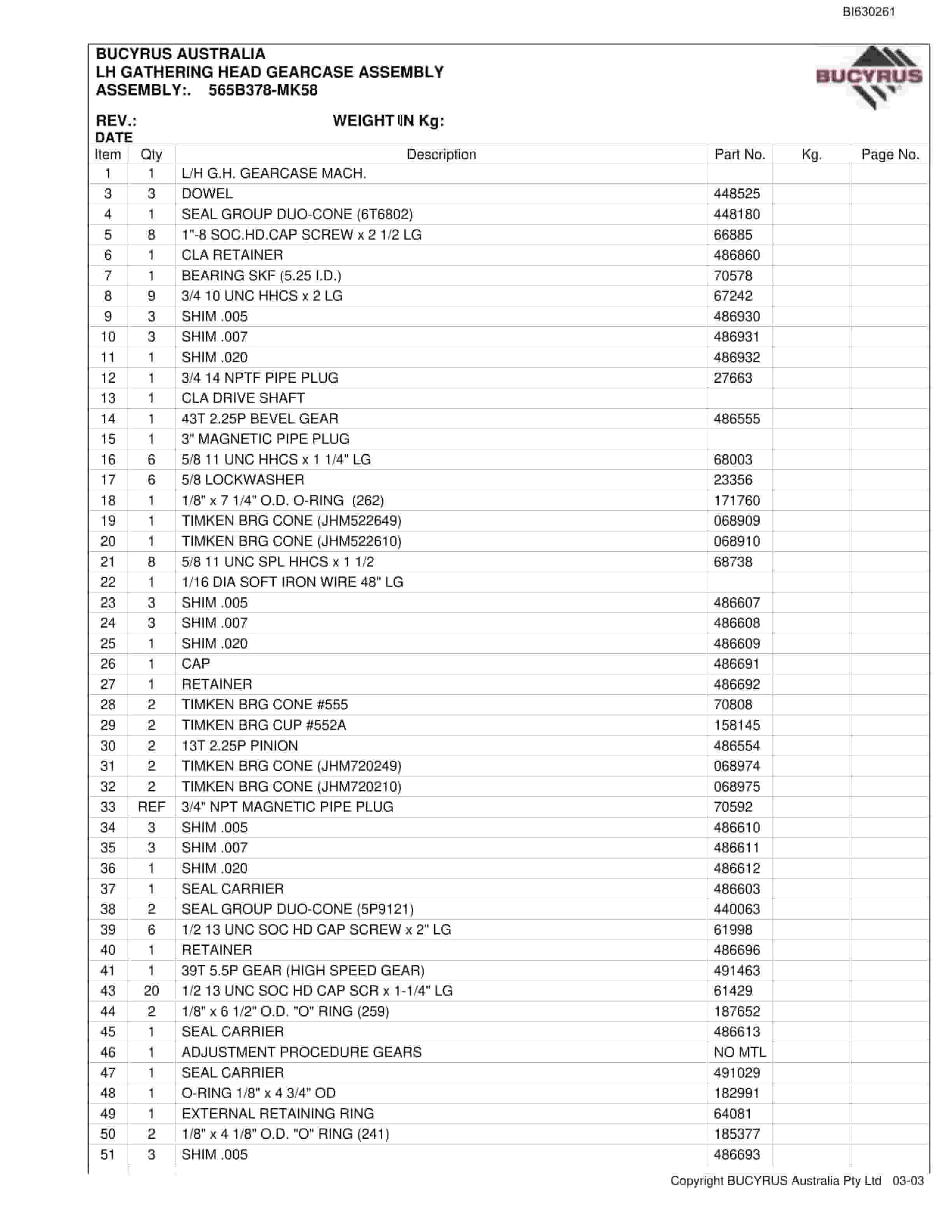 Bucyrus 30M3 Miner Bolter Parts Manual BI630261-2