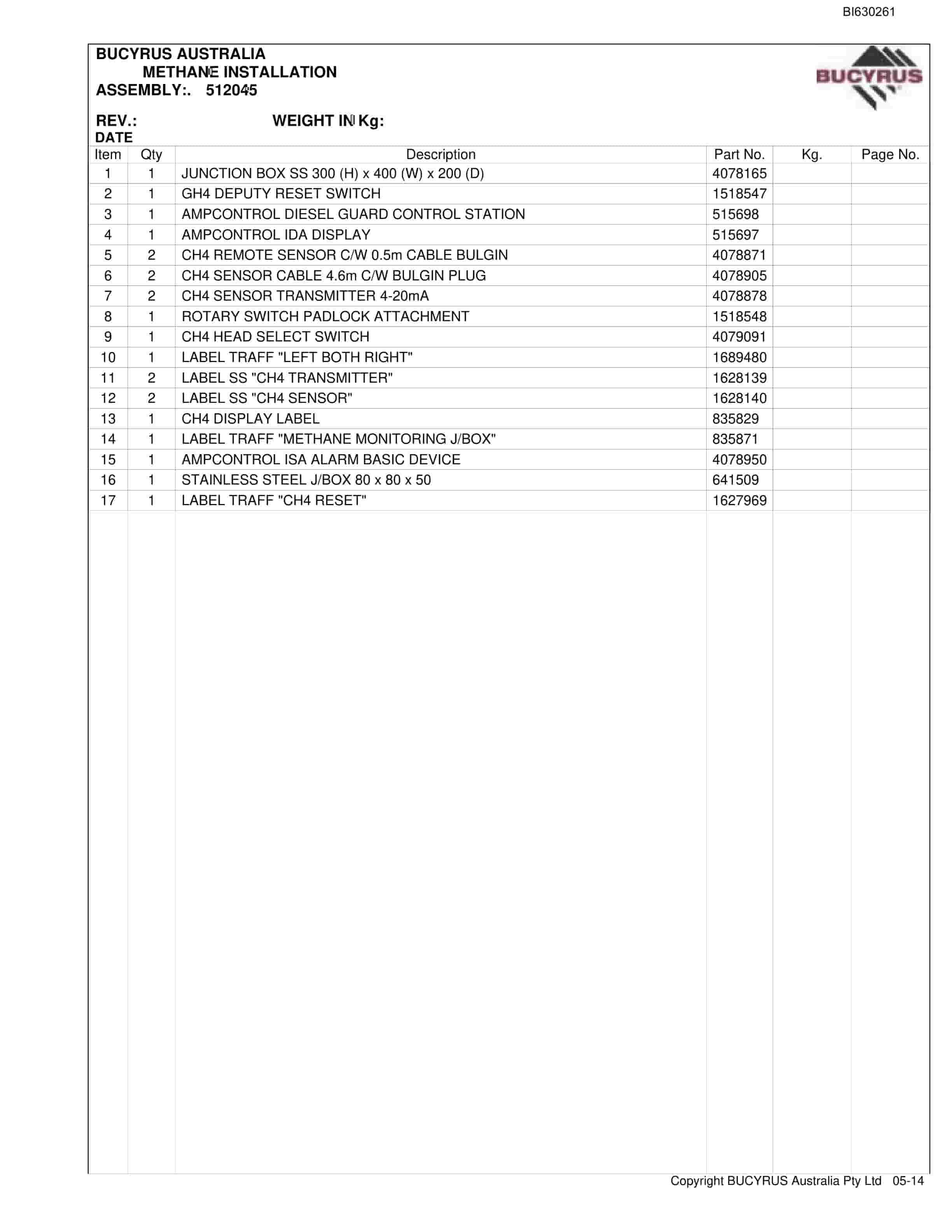 Bucyrus 30M3 Miner Bolter Parts Manual BI630261-4
