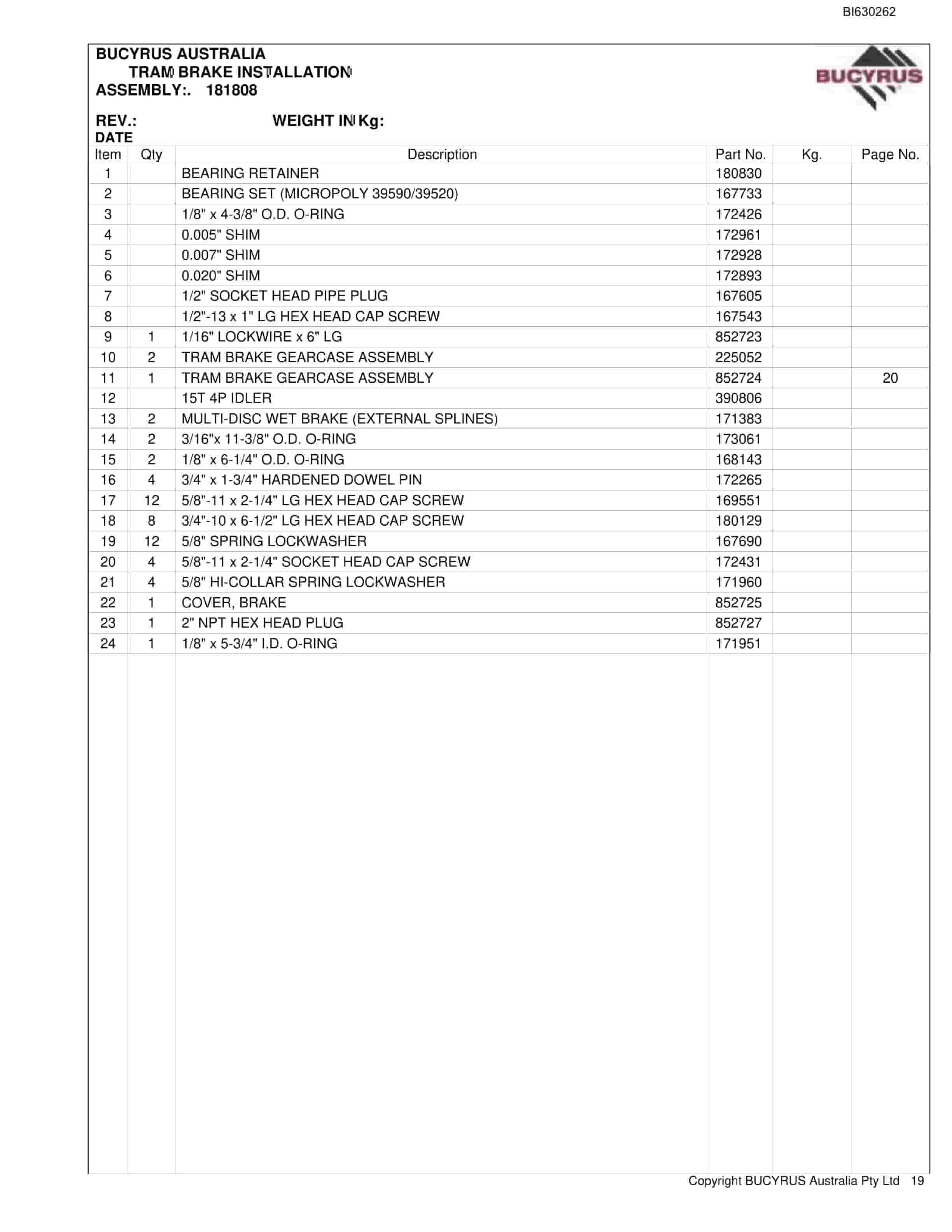 Bucyrus 30M3 Miner Bolter Parts Manual BI630262-2