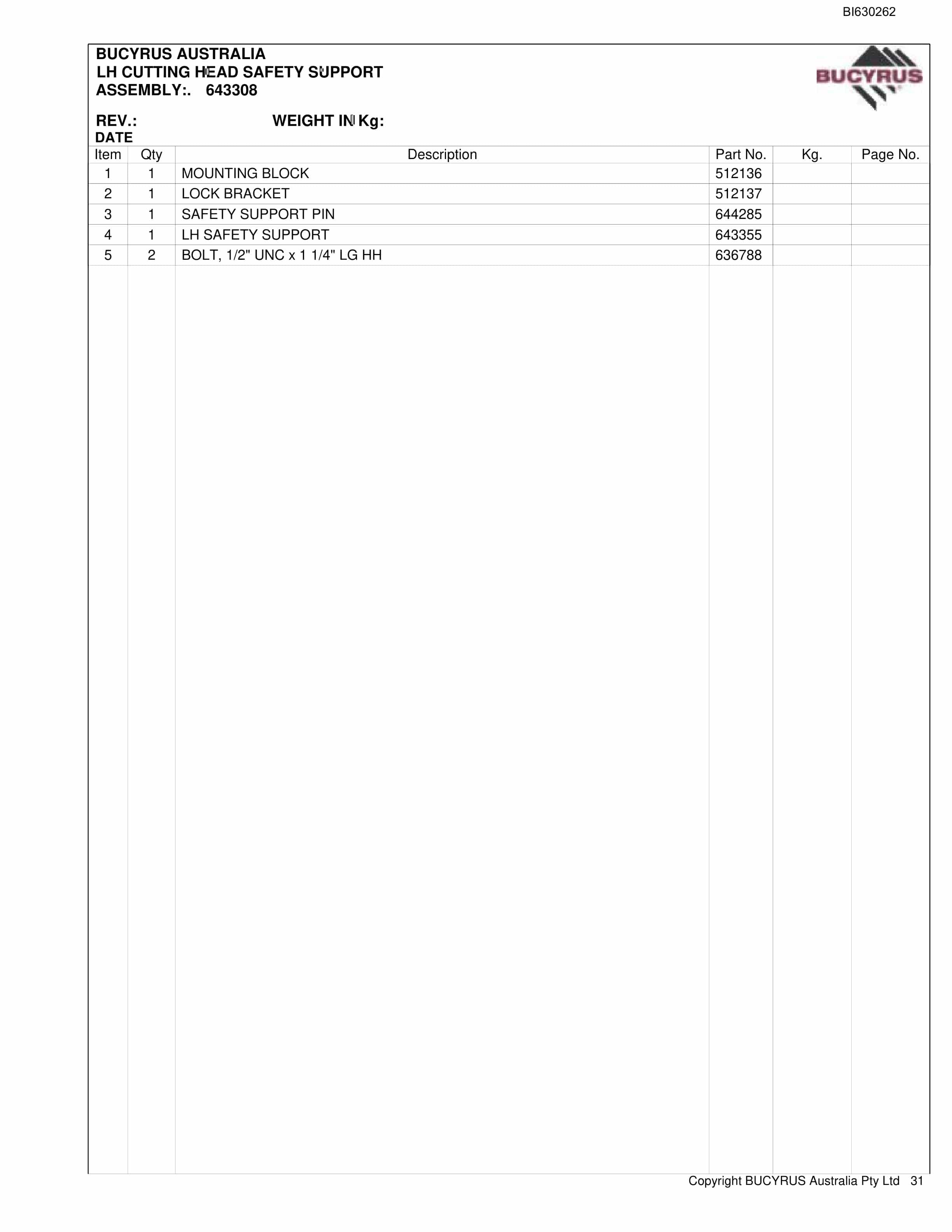 Bucyrus 30M3 Miner Bolter Parts Manual BI630262-5
