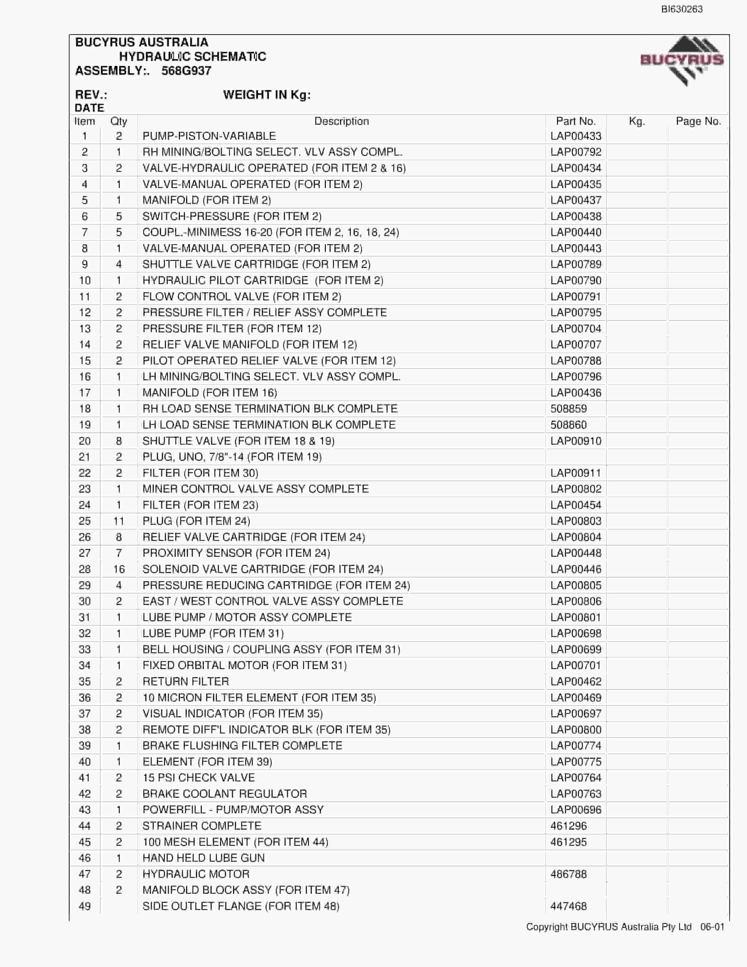 Bucyrus 30M3 Miner Bolter Parts Manual BI630263-4