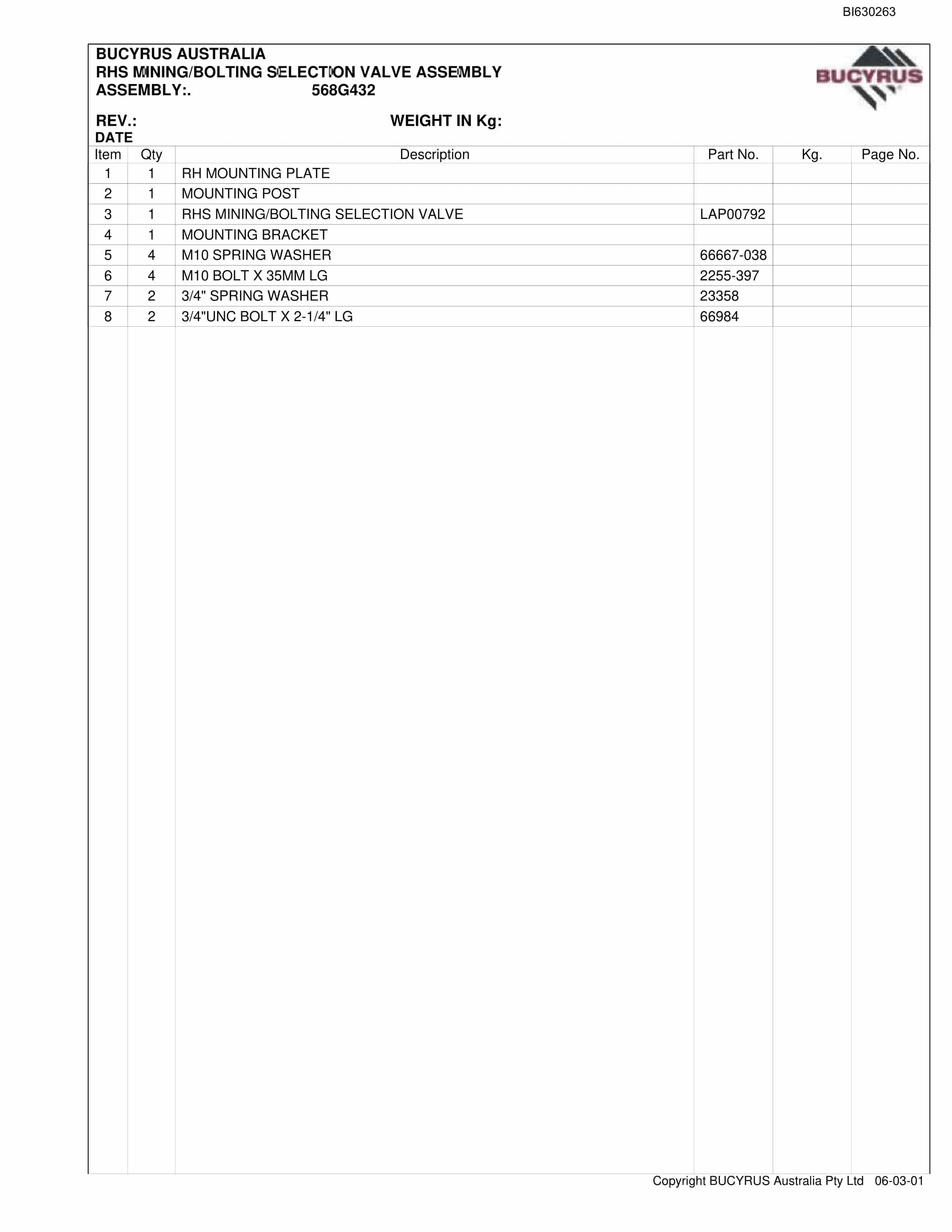 Bucyrus 30M3 Miner Bolter Parts Manual BI630263-5
