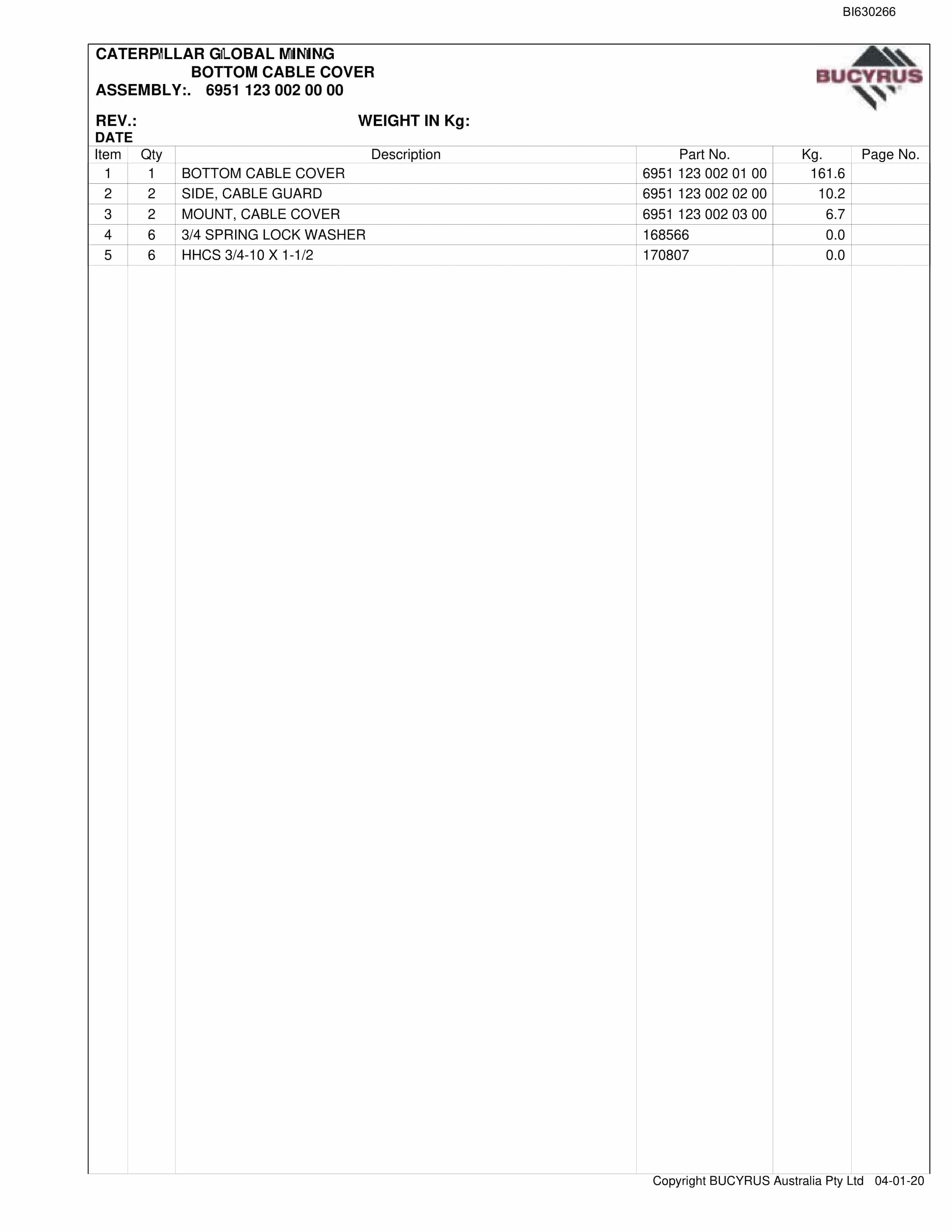 Bucyrus 30MB3 Miner Parts Manual BI630266-2