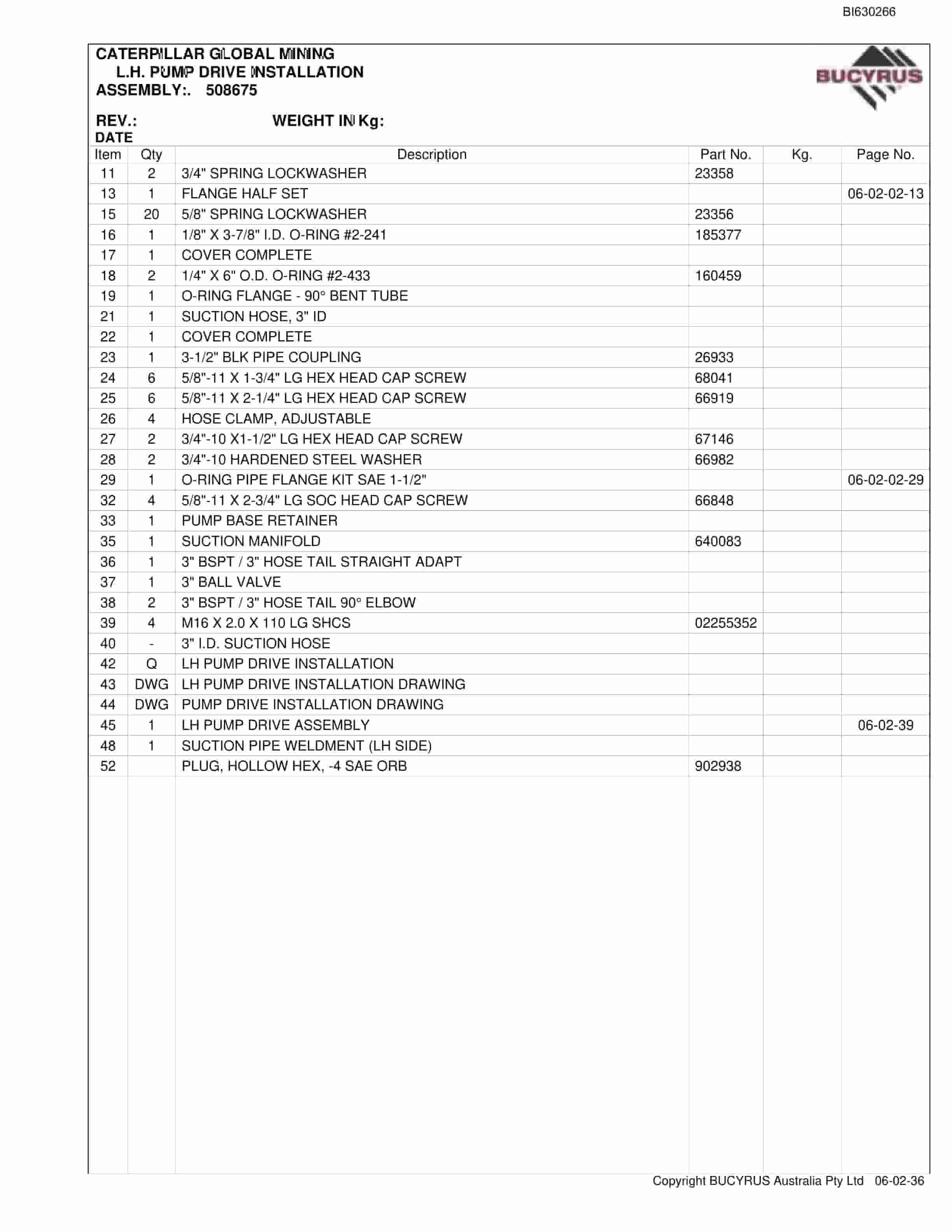 Bucyrus 30MB3 Miner Parts Manual BI630266-5