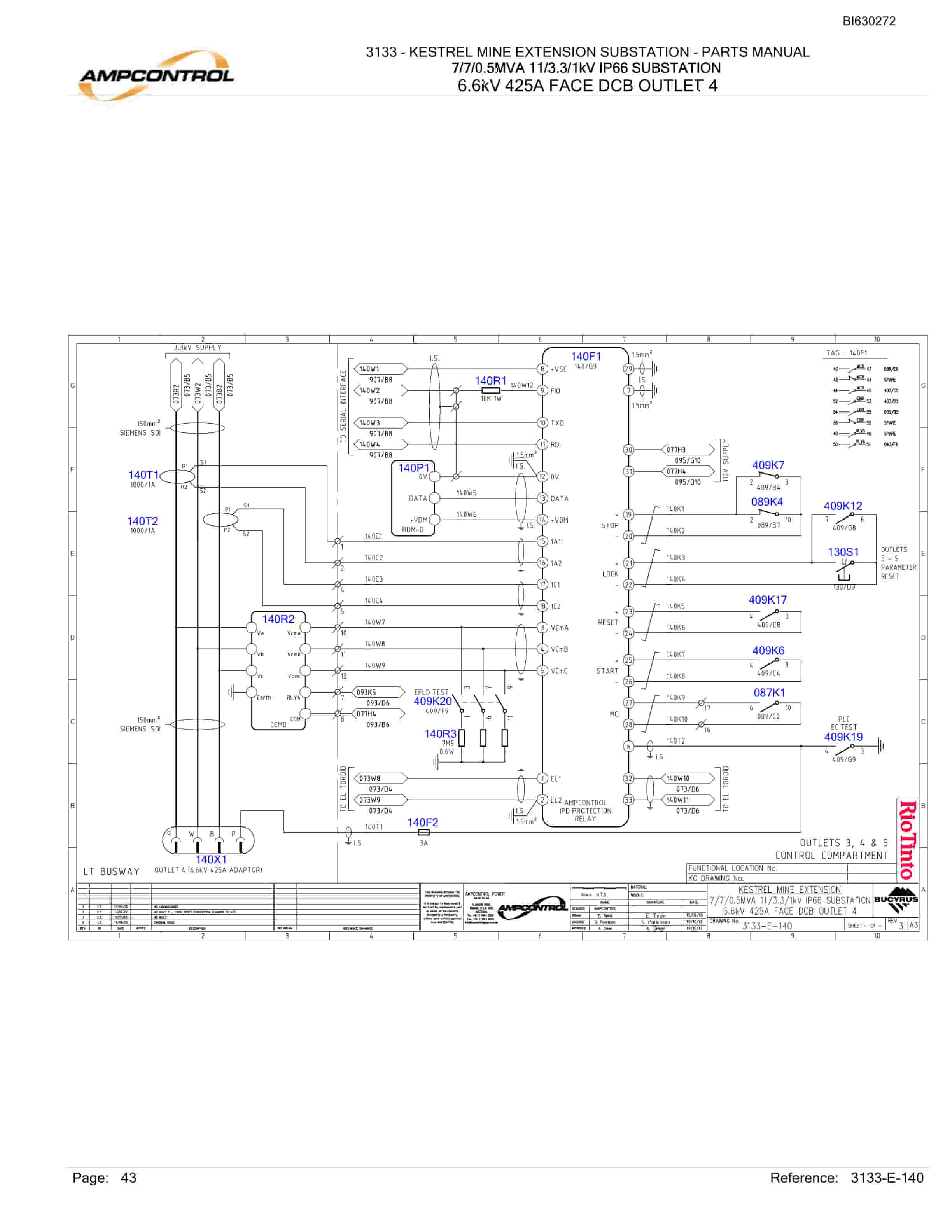Bucyrus 3133 - Kestrel Mine Extension Substation Parts Catalog BI630272-2