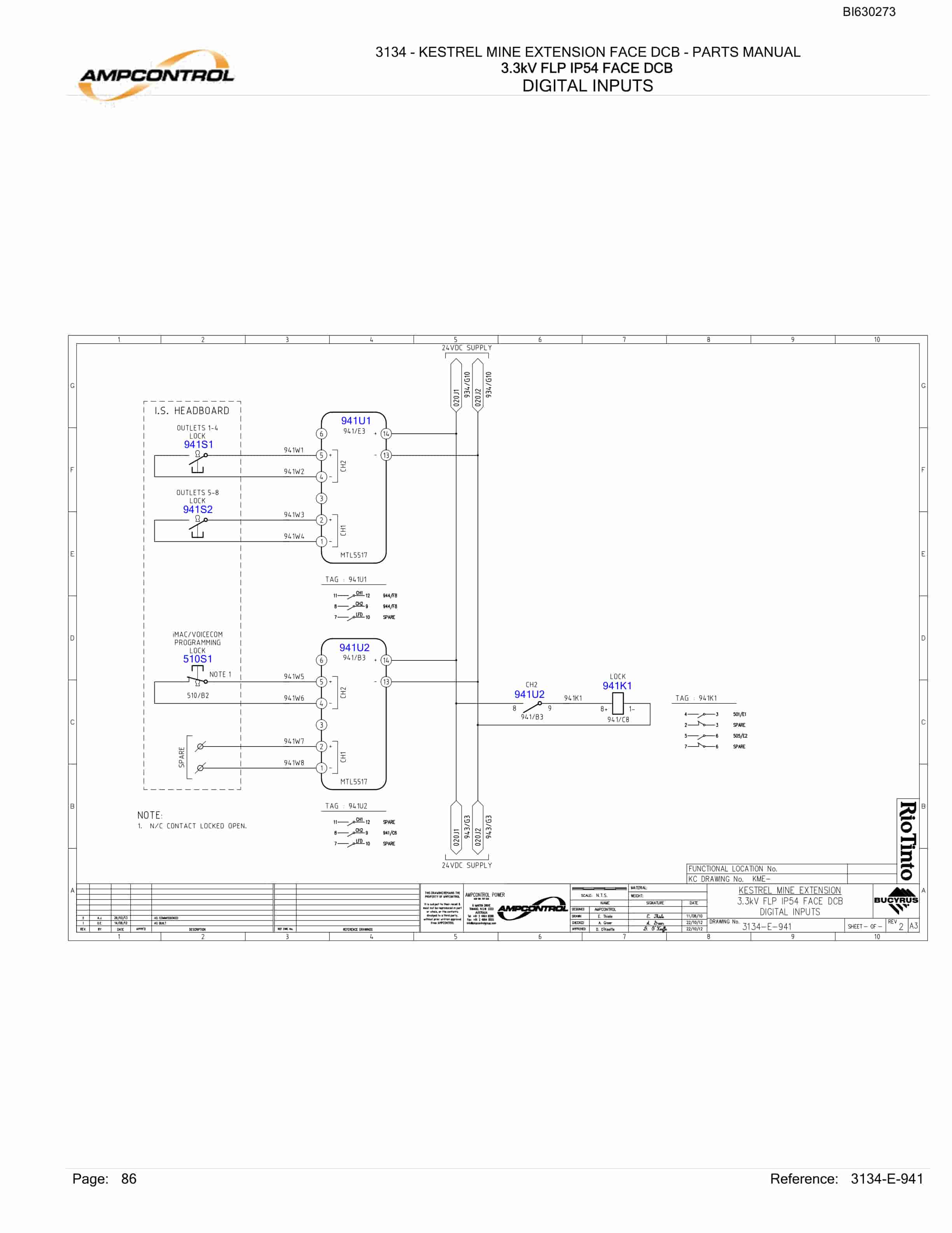 Bucyrus 3134 - Kestrel Mine Extension Face DCB Parts Catalog BI630273-5