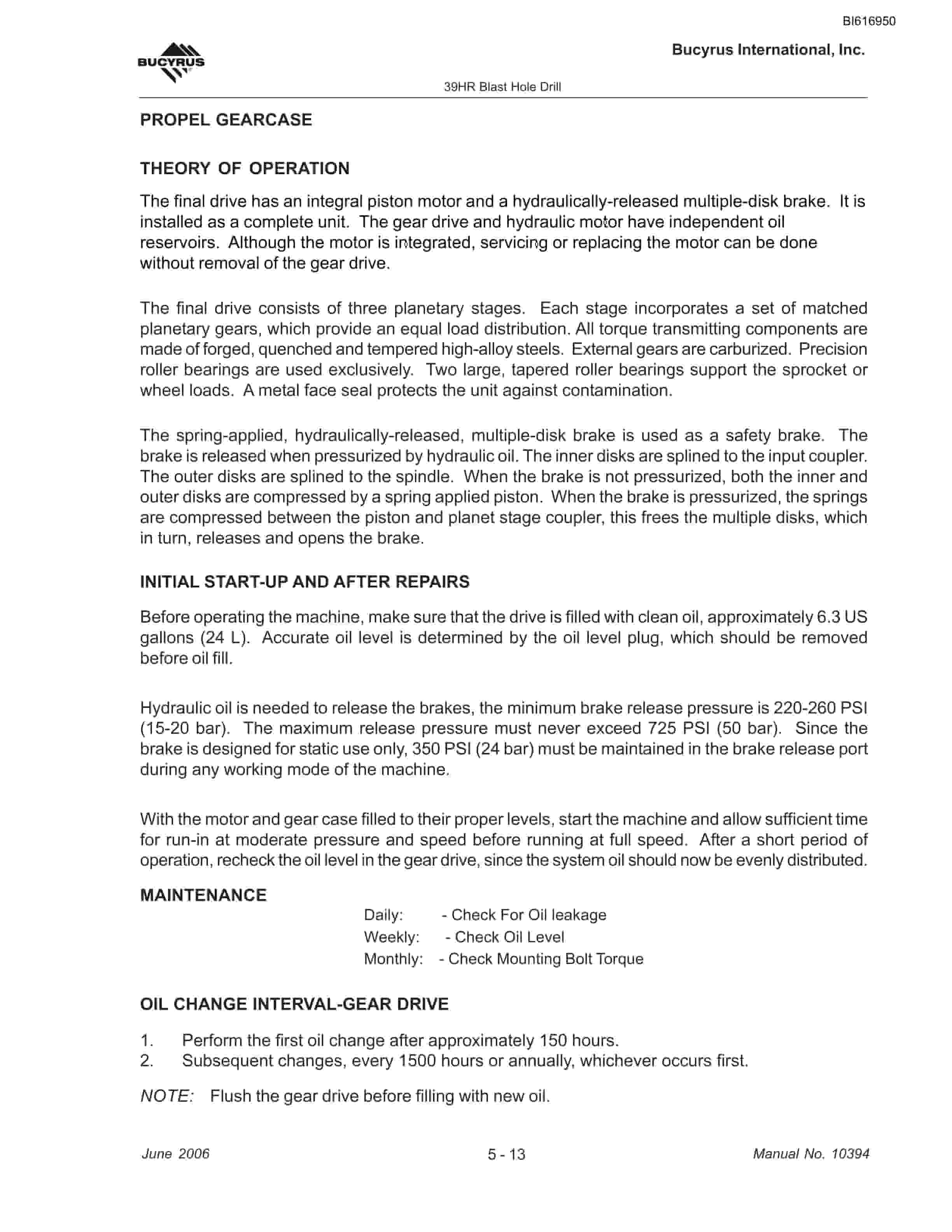 Bucyrus 39HR Blast Hole Drill Maintenance And Operation Manual BI616950-2