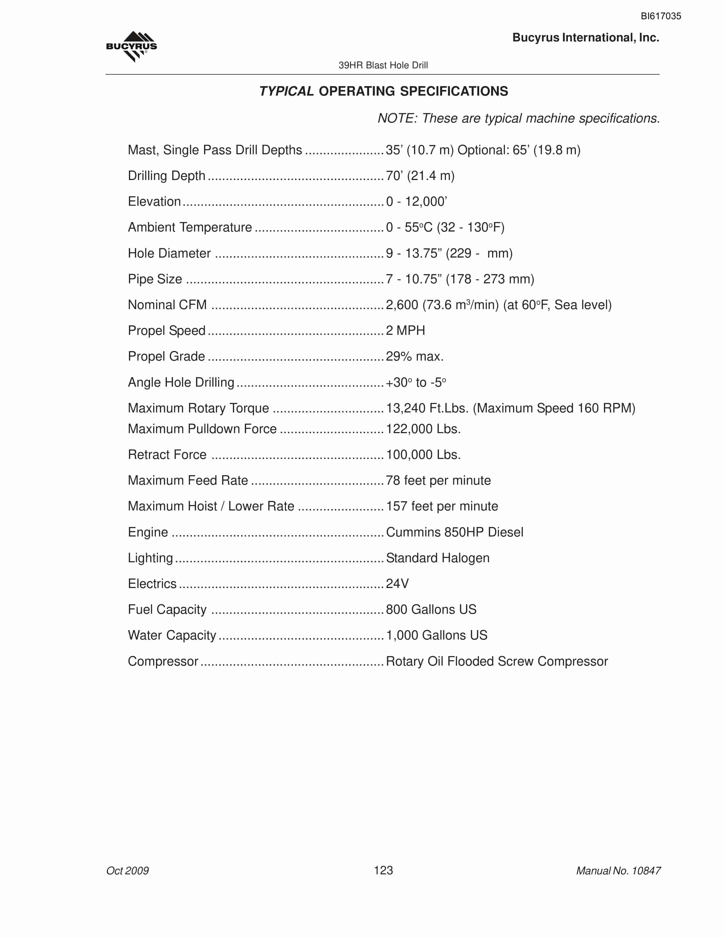 Bucyrus 39HR Blast Hole Drill Operators Manual BI617035-3