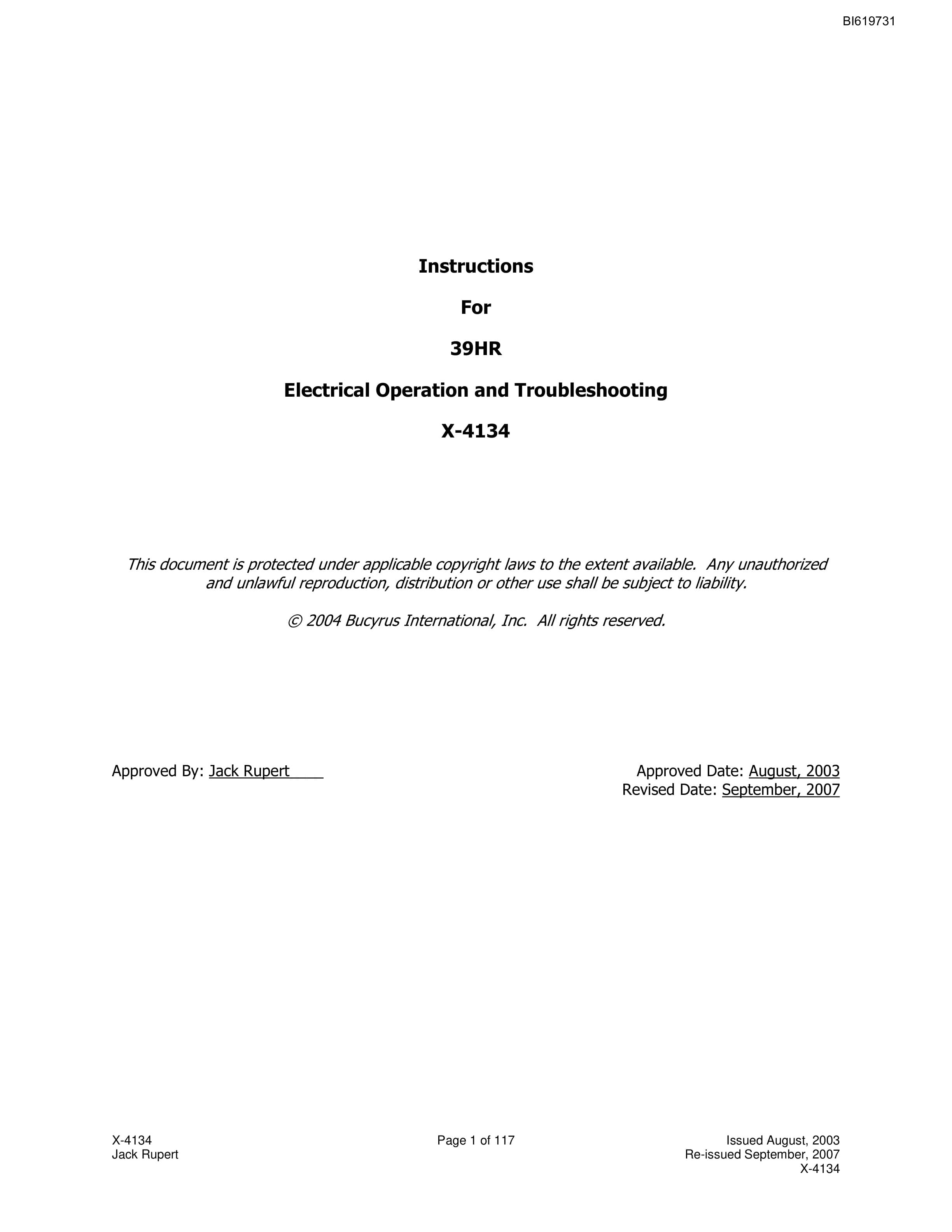 Bucyrus 39HR Electrical Operation And Troubleshooting X-4134 Instruction Manual BI619731