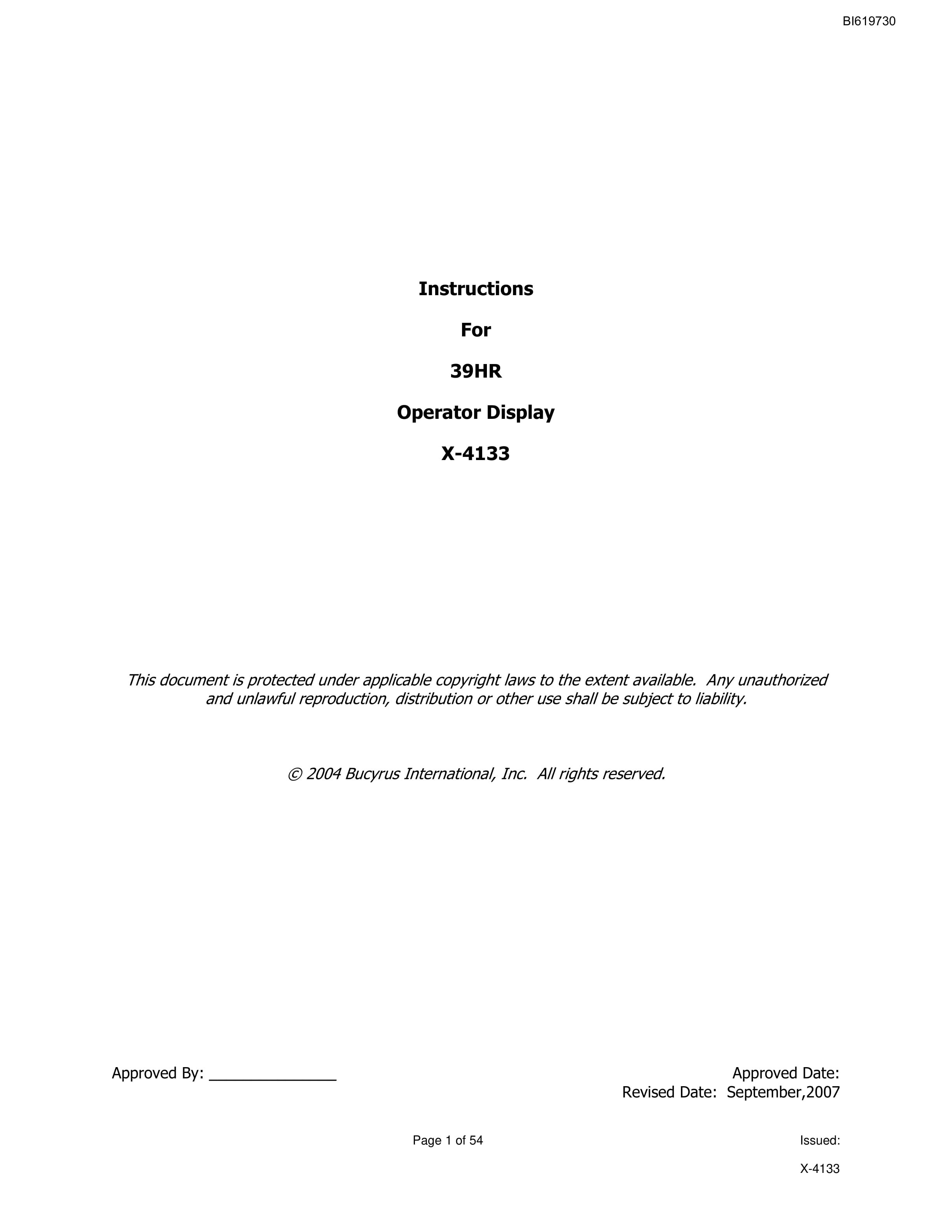 Bucyrus 39HR Operator Display X-4133 Instruction Manual BI619730